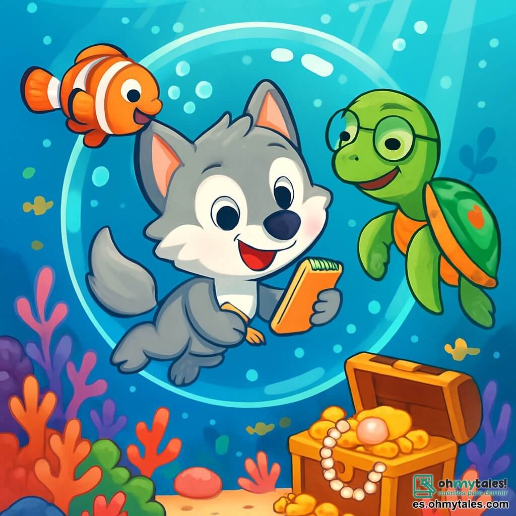 Un pequeño lobo travieso llamado Lupo, con un pelaje suave y esponjoso de color gris claro y ojos brillantes de curiosidad, nada alegremente en una burbuja gigante submarina. Sonríe con asombro, sosteniendo un pequeño cuaderno de notas en una pata. A su lado, una tortuga sabia llamada Don Tortugo, con un caparazón verde adornado con patrones coloridos y gafas de lectura en la nariz, flota tranquilamente, mostrando una sonrisa benevolente. Un pez payaso llamado Lula, con rayas naranjas y blancas brillantes, hace burbujas de risa mientras baila alrededor de Lupo, con ojos chispeantes de travesura. El escenario es un reino submarino de ensueño, lleno de corales multicolores, peces brillantes y rayos de luz filtrándose a través del agua, creando una atmósfera mágica y acogedora. La situación principal muestra a Lupo y sus amigos descubriendo un tesoro escondido, rodeados de perlas brillantes y conchas relucientes, mientras ríen juntos, listos para vivir una nueva aventura.