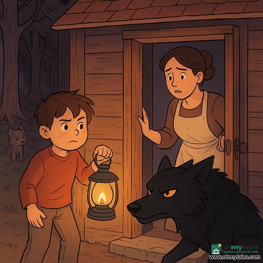A 6-year-old boy with a round, freckled face and messy brown hair, looking determined and slightly anxious, holds a small glass lantern emitting warm golden light while standing in the partly open wooden doorway; inside, his mother, about 30, with a soft silhouette, brown hair in a bun and a flour-dusted apron, watches him with protective worry, hand on the door. Outside, a large black wolf with a glossy coat and cold amber eyes crouches at the threshold, threatening but hesitant, one paw raised toward the lantern; a gray wolf pup peeks worriedly from behind a tree in the shadowy background. The setting is a small rough wooden house with a brown tiled roof, worn floorboards and a stone threshold, bordered by a dense forest under a plum-colored twilight sky. The boy offers the lantern through the door, the light forming a golden circle that partially illuminates the wolf’s face and softens surrounding shadows, creating a gentle tension between fear and compassion. Style: warm lighting, detailed wood and fur textures, rounded strokes and readable expressions, reassuring atmosphere despite the danger.