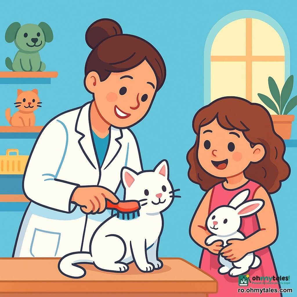 O veterinară zâmbitoare, o femeie de aproximativ treizeci de ani cu părul castaniu prins în coc, poartă un halat alb strălucitor. Ea se apleacă cu blândețe peste o pisicuță albă, mângâind-o ușor cu o perie colorată, fața ei strălucind de bunătate și bucurie. Lângă ea, o fetiță de 6 ani, cu părul creț și o rochie roz, ține un iepuraș alb, observând cu atenție scena, ochii ei strălucind de uimire. Cabinetul veterinar este luminos și primitor, cu pereți vopsiți în albastru pastel, rafturi pline de jucării pentru animale și plante verzi care aduc o notă de natură. În fundal, o fereastră lasă să intre lumina soarelui, iluminând încăperea. Situația principală arată veterinară și fetița distrându-se în timp ce periează blana iepurașului, creând o atmosferă de blândețe și complicitate, unde dragostea pentru animale și bucuria de a învăța se împletesc armonios.