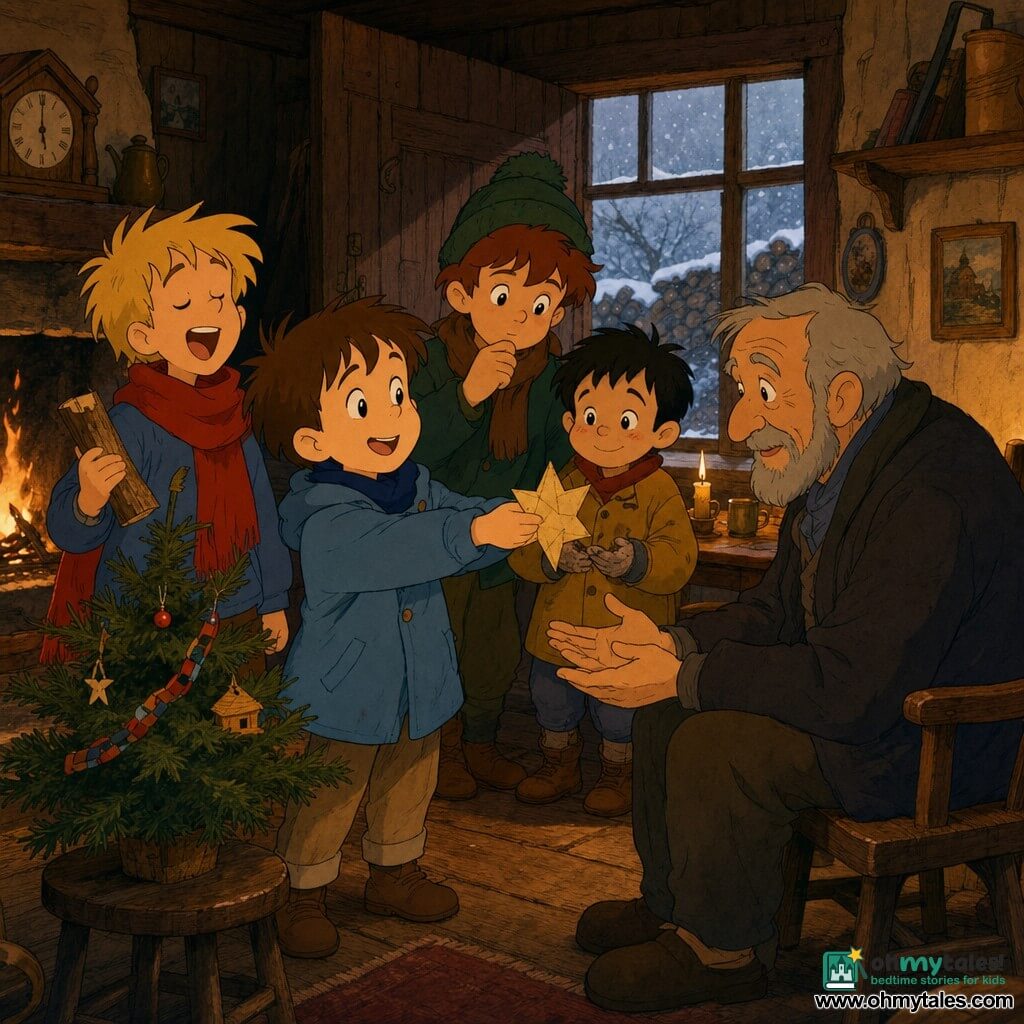 Five characters: Ben, boy ~6, short brown hair, bright eyes, light blue coat, holds a slightly lopsided paper star in his right hand, front left, looking toward the tree; Milo, boy ~6, messy blond hair, red scarf, humming and smiling, beside Ben holding a small stick; Toby, boy ~6, chestnut hair, curious look, wearing a green beanie, just behind Ben to the right, watching thoughtfully; Sam, boy ~6, smallest, black hair, rosy cheeks, mustard-yellow coat, to Ben’s right with slightly snow-dirty hands, shyly smiling; Mr. Hodge, elderly man ~75, wrinkled face, short gray beard, dark wool jacket, seated by a small table at the right rear, hands extended to receive the star, gentle emotion on his face. Interior of a small wooden cottage with plank walls, warm candlelight on the table, a small sparsely decorated fir on a stool, a low hearth with a soft orange flame and a stack of rough logs by the door, a fogged window showing snow outside. Main scene: the four boys offer the paper star to the old man to place atop the small tree; the star is being set on the tip, the candle casts soft shadows, tender expressions and a warm, intimate atmosphere in ochre, red and brown tones contrasting with the cold white seen through the window.