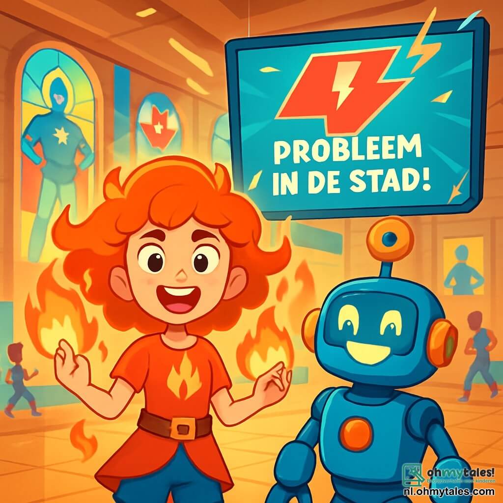 Nova Blaze, een jong meisje met stralend rood haar en nieuwsgierige ogen, staat in het midden van het podium met haar handen omhoog en omringd door dansende vlammen. Ze heeft een vastberaden en enthousiaste uitdrukking, klaar om een uitdaging aan te gaan. Naast haar staat Meester Giga, een grappige robot met een donutvormige antenne en een stralende glimlach, die aanmoedigend kijkt, met knipperende LED-ogen vol opwinding. De scène speelt zich af in de grote hal van de Heldenacademie, een ruime en lichte ruimte met gekleurde glazen muren, waar lichtstralen door superhelden-ramen filteren. Posters van beroemde helden versieren de muren en leerlingen trainen eromheen, wat een dynamische en levendige sfeer creëert. In deze illustratie reageren Nova en Meester Giga op een alarm op het grote scherm, dat een dringende boodschap toont: "Probleem in de stad!" De sfeer is energiek, met flitsen van licht en felle kleuren die de opwinding en urgentie van de situatie illustreren.