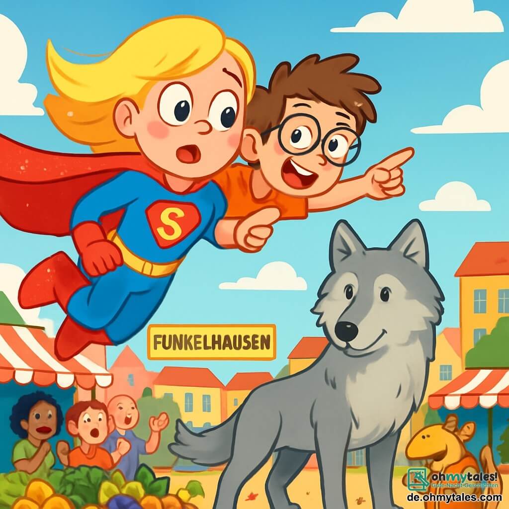 Super-Lisa, eine fröhliche und sprudelnde Superheldin, fliegt am Himmel, ihre blonden Haare wehen im Wind. Sie trägt ein glänzendes Kostüm in leuchtenden Farben mit einem roten Umhang, der in der Sonne funkelt. Ihr Gesicht zeigt Staunen und ein leichtes Verlegenheit, da sie gerade einen riesigen silbernen Wolf erscheinen ließ. Neben ihr hält sich Rudi, ein 10-jähriger Junge mit Brille und zerzausten Haaren, an ihrem Rücken fest. Er lächelt begeistert, seine Augen leuchten vor Aufregung, während er auf den riesigen Wolf zeigt, der gerade materialisiert ist. Im Hintergrund entfaltet sich die Stadt Funkelhausen mit ihren bunten Gebäuden und lebhaften Märkten. Menschen lachen und applaudieren, was eine fröhliche und lebendige Atmosphäre schafft. Die Hauptsituation zeigt Super-Lisa und Rudi, die das Chaos eines riesigen Wolfes bewältigen, der mitten im Markt gelandet ist, umgeben von buntem Obst und Gemüse, während das Gürteltier, ein kleines niedliches Tier mit einer Westentasche, die Szene mit einem schelmischen Lächeln beobachtet.