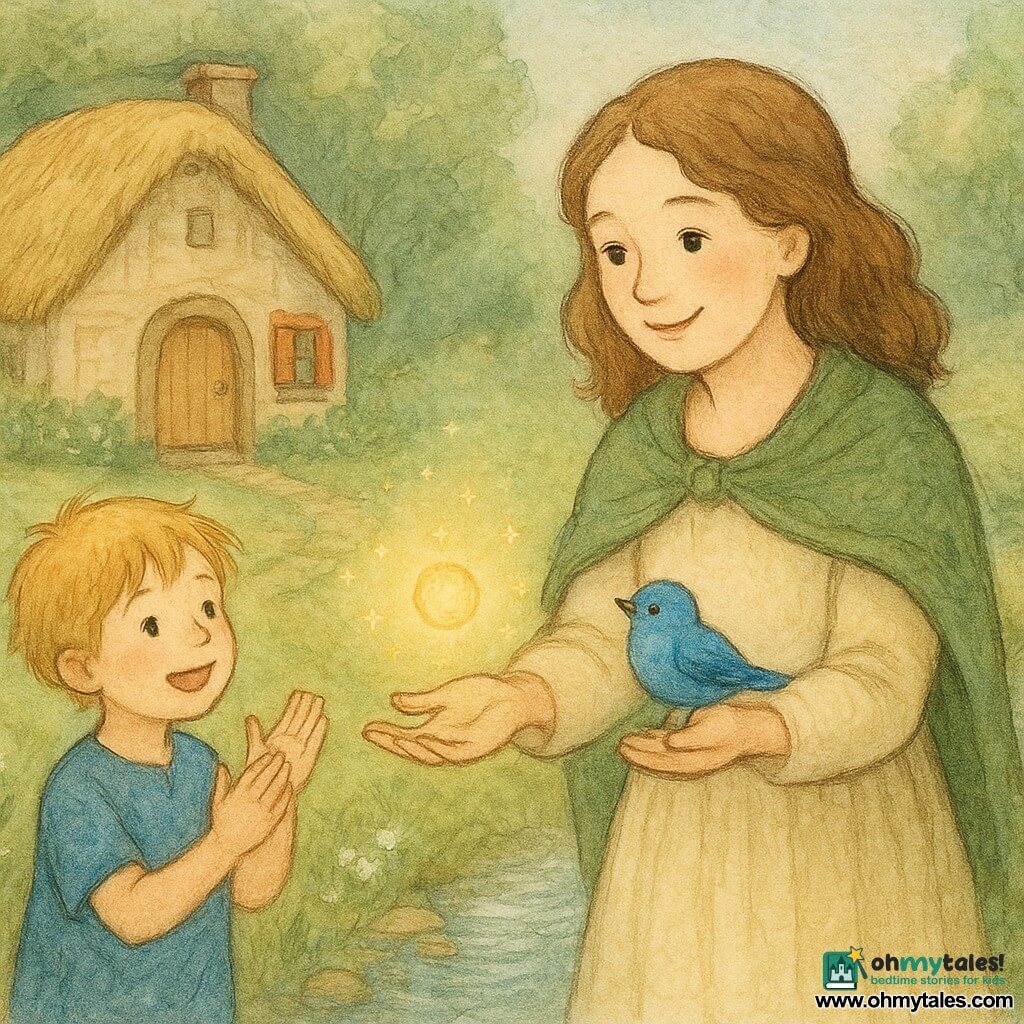 A gentle smiling woman with a round face and wavy chestnut shoulder-length hair, wearing a simple cream dress and moss-green shawl, holds out her hand offering a small golden petal-light that floats above her palm while a small round blue bird perches on her right hand watching the light; a tousled blond boy of about six in a blue tunic claps and plays before a round-doored thatch-roofed wooden cottage with red shutters and a mossy path edged with white flowers, a narrow sparkling stream to the right; the golden petal-light scatters tiny stars and creates a luminous arc between the woman and the cottage, soft palette of tender greens, powder blues, creams and golds, centered on the exchange with a warm, fairy-tale dusk atmosphere.