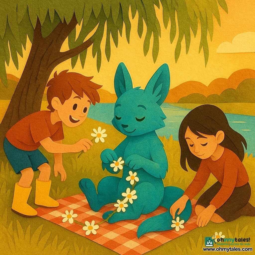 The main character is Lira, a small anthropomorphic creature with iridescent blue-green fur that shifts in the sun, shy serene expression, seated and braiding a daisy garland with her paws, smiling face and gentle eyes; secondary characters: Sam, a human boy with bright yellow boots and tousled hair, playful and leaning toward Lira offering a flower on her left; Mia, a human girl with dark hair falling over her face, soft focused expression, picking a flower on Lira's right slightly behind; setting: under a large willow with drooping branches, tall golden grass and a sparkling river in the background, a red-and-white check picnic blanket and warm late-afternoon sky; scene: the three friends weaving a long flower garland together, a mood of closeness and acceptance, layered cut compositions, visible paper textures, saturated contrasting colors, and soft sunset lighting.
