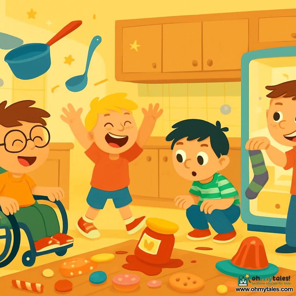 There are 4 children: Sam, an 8-year-old boy with messy brown hair and round glasses, sitting in his wheelchair, smiling and spinning around enthusiastically; Max, a 7-year-old boy with blond hair and freckles, standing with his arms raised, laughing at a jar of marmalade that just fell; Ollie, a 6-year-old boy with black hair and a striped t-shirt, crouched down, watching a jelly bouncing on the counter, eyes wide with surprise; and Ben, a 7-year-old boy with brown hair and a mischievous smile, standing next to Sam, holding a dancing sock on the counter. The setting is a bright, colorful kitchen with pastel yellow walls and wooden cabinets. Stars shine on the ceiling, and kitchen utensils seem to come alive, dancing around them. A large table is covered with candies and cakes, while a brightly colored fridge is open, emitting a golden light. The main scene shows the children on an adventure, laughing and having fun as a bouncing jelly and a dancing sock create a joyful mess in the kitchen.