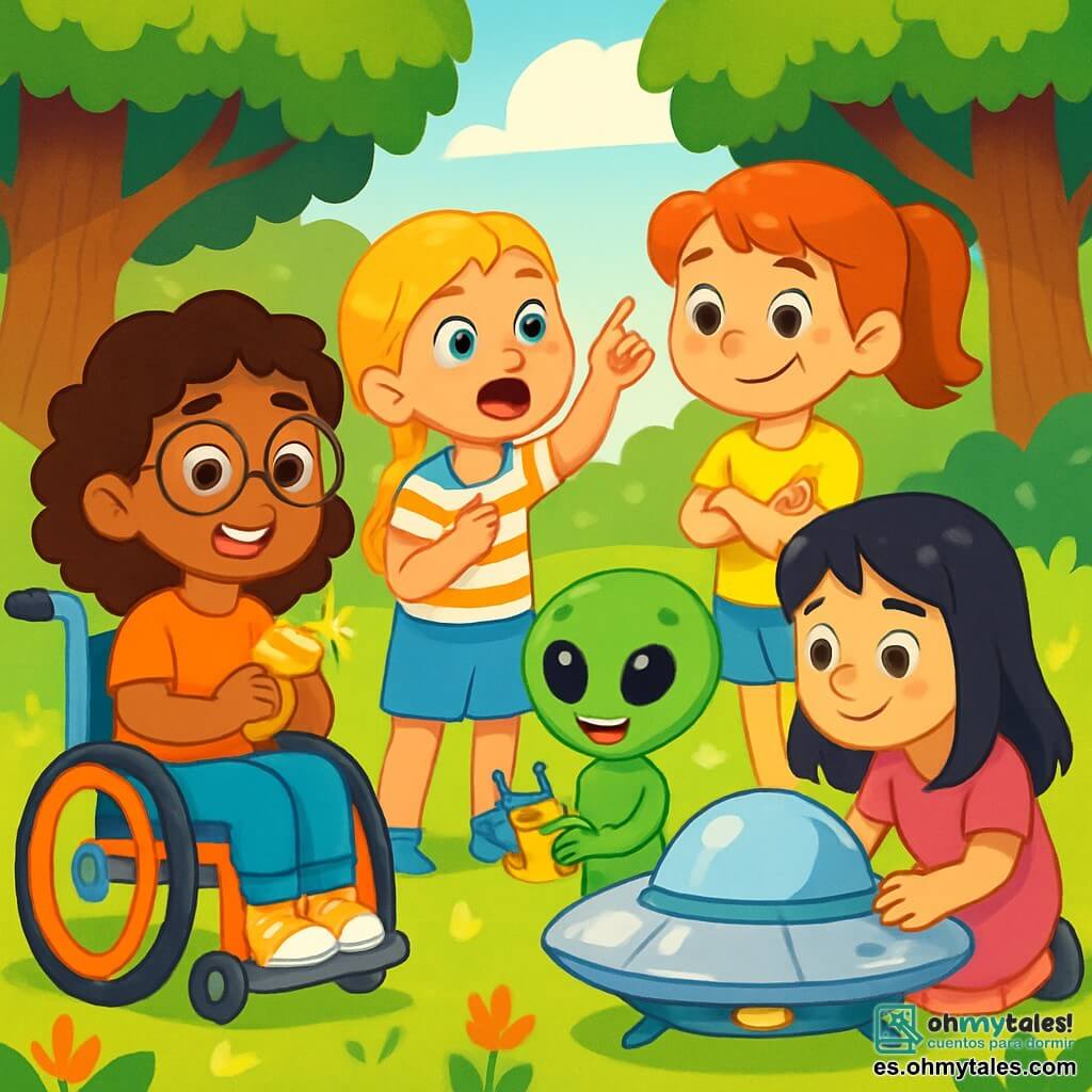 Hay 5 personajes: - Lucía: una niña de 10 años, con cabello rizado castaño y gafas redondas. Está sentada en una silla de ruedas colorida, sonriente y llena de energía, sosteniendo un silbato brillante en sus manos. - Marta: una niña de 9 años, con cabello rubio trenzado y una camiseta a rayas. Se encuentra al lado de Lucía, con los ojos muy abiertos de asombro, apuntando hacia el cielo. - Ana: una niña de 10 años, con cabello negro liso y un vestido rosa. Está agachada cerca de un platillo volador pequeño, observando con curiosidad los detalles de la nave. - Sofía: una niña de 9 años, con cabello pelirrojo en una coleta y un short de mezclilla. Está de pie, con los brazos cruzados, mirando a Zog con una gran sonrisa. - Zog: un extraterrestre de pequeña estatura, con piel verde brillante y grandes ojos negros. Se encuentra en el centro del grupo, sonriendo y sosteniendo un pequeño dispositivo de comunicación. La escena tiene lugar en un claro soleado, rodeado de grandes árboles con troncos gruesos y hojas verdes brillantes. El suelo está cubierto de hierba suave y salpicado de flores coloridas. En el centro, un pequeño platillo volador plateado brilla bajo el sol, emitiendo un suave resplandor. La situación principal de la historia muestra a las cuatro niñas y a Zog trabajando juntos para reparar la nave. Las niñas están alegres y entusiastas, mientras que Zog utiliza su dispositivo para comunicarse. La atmósfera está llena de magia y amistad, con destellos de luz y colores vivos que hacen la escena vibrante y cautivadora.