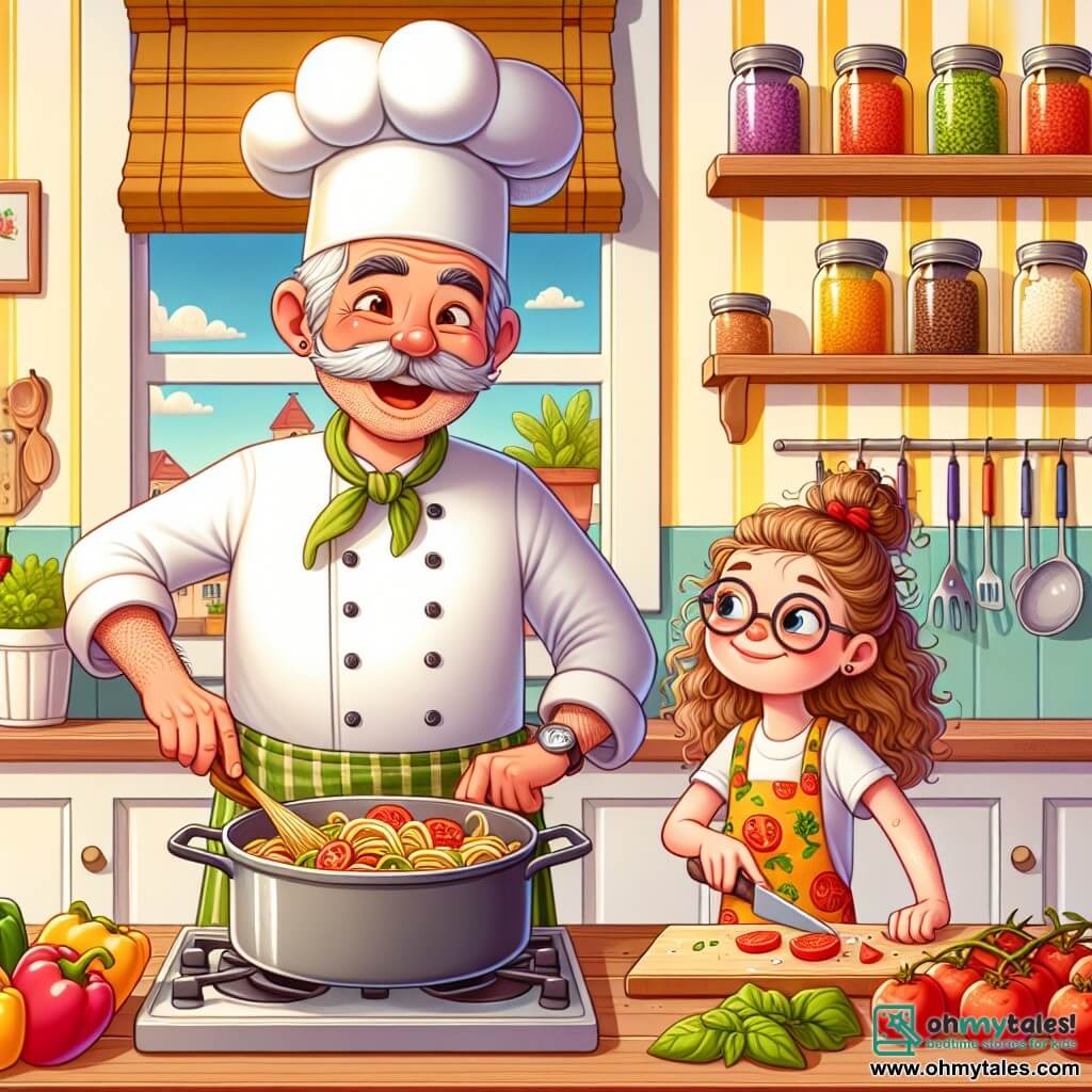 Chef Oliver is a tall, jovial man wearing a large white chef's hat that seems to dance on his head. His face is lit up by a broad smile, and his eyes sparkle with joy as he stirs a large pot of colorful pasta with tomatoes and basil. He wears a vegetable-patterned apron and rolled-up sleeves, showing his enthusiasm for cooking. Next to him, Sophie, an 8-year-old girl with curly hair and round glasses, is focused on cutting tomatoes with a small knife, her face determined. She stands slightly back, attentively observing Chef Oliver's movements. The setting is a warm, colorful kitchen with pastel yellow walls, shelves filled with spice jars, and shiny kitchen utensils hanging. A large window lets in sunlight, illuminating the fresh ingredients spread out on the wooden countertop. The scene depicts Chef Oliver and Sophie preparing a dish called "Pasta de l'Amitié," filled with laughter and creativity, symbolizing the joy of cooking and sharing moments together.
