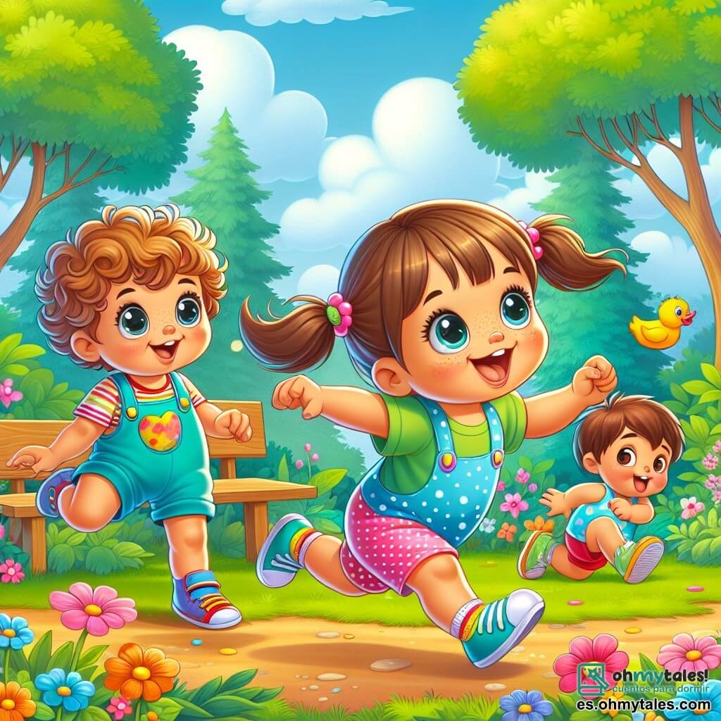 Un niño de 1 año, con cabello rizado y ojos brillantes de alegría, corre en un parque riendo, con los brazos levantados como si volara. Lleva un overol azul y zapatillas coloridas. A su lado, una niña de 1 año, con cabello largo y liso atado en dos coletas, ríe a carcajadas. Ella lleva un vestido rosa con lunares y sandalias amarillas, intentando alcanzarlo con gestos divertidos. Otro niño de 1 año, con cabello castaño desordenado y una gran sonrisa traviesa, se queda un poco atrás, listo para unirse a ellos. Lleva una camiseta verde y un pantalón corto rojo, haciendo ruidos de pato mientras se mueve. El parque está lleno de vegetación, con grandes árboles y flores coloridas que bailan con el viento. Al fondo, hay un banco de madera y un cielo azul con nubes blancas. La escena principal muestra a los tres amigos corriendo y jugando juntos, riendo e imitando patos, creando una escena alegre y llena de vida, donde la amistad y la felicidad son el centro de su aventura.