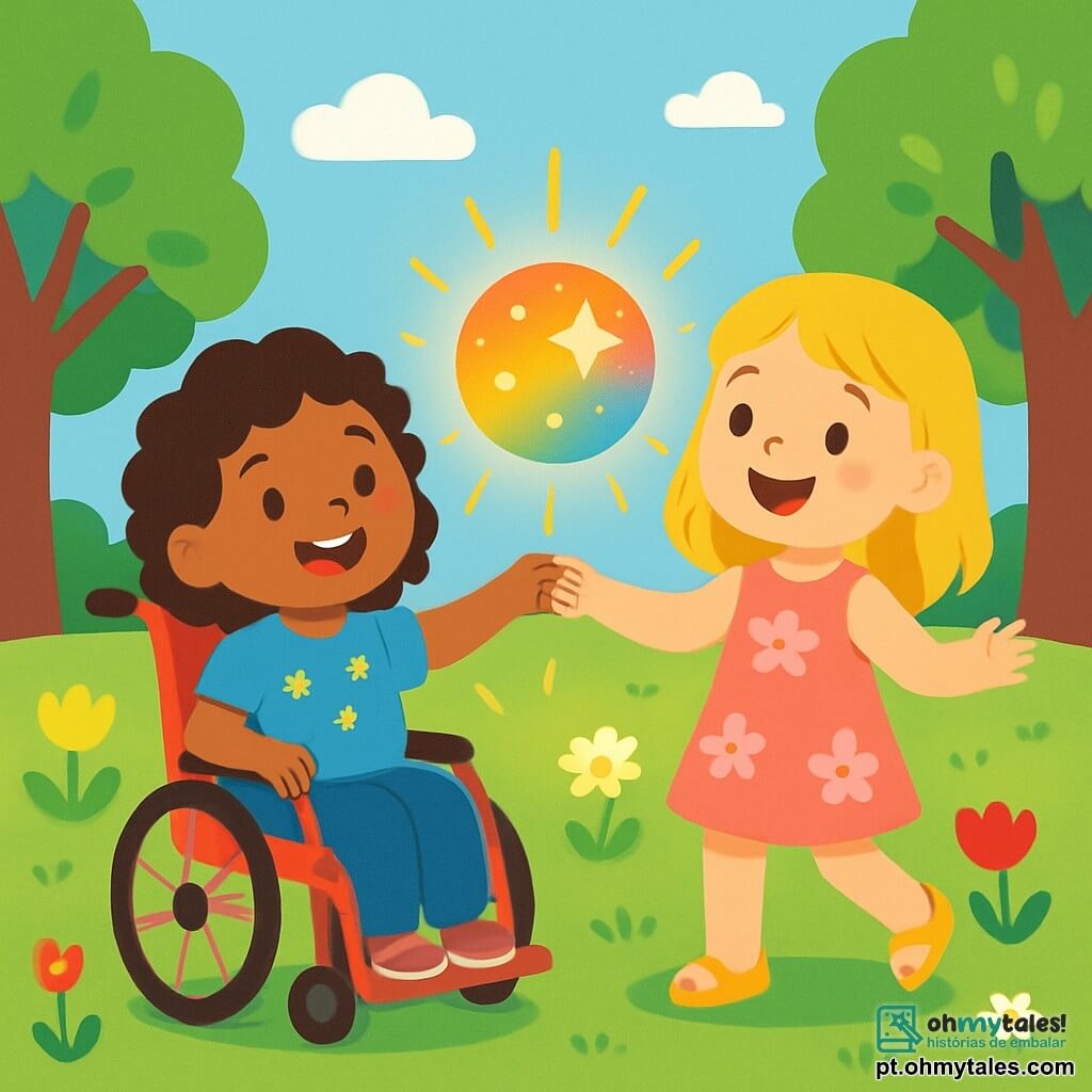 Há 2 personagens principais: - Luísa: uma menina de 8 anos, com cabelos castanhos e cacheados, sentada em uma cadeira de rodas vermelha. Ela usa uma camiseta azul com estrelas e um sorriso radiante no rosto. - Clara: uma menina de 7 anos, com cabelos loiros e lisos, em pé ao lado de Luísa. Ela veste um vestido rosa com flores e sandálias amarelas, segurando a mão de Luísa com entusiasmo. O cenário é um parque ensolarado, cheio de grandes árvores verdes com folhas brilhantes. Flores coloridas, como tulipas vermelhas e margaridas brancas, estão espalhadas pelo chão. No centro, uma grande grama verde convida a brincar, e um céu azul claro com algumas nuvens brancas flutuantes cria uma atmosfera alegre. A situação principal mostra Luísa e Clara dançando ao redor de uma grande bola mágica e colorida que brilha intensamente. A bola emite raios de luz alegre, e as duas meninas riem juntas, cercadas por uma aura de felicidade e amizade.