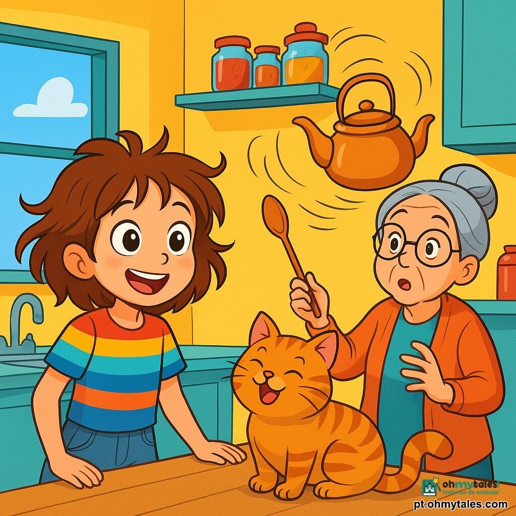 Uma menina de 10 anos, Lila, com grandes olhos brilhantes e cabelos bagunçados, está no centro da cozinha. Ela usa uma camiseta listrada colorida e um short de jeans, exibindo um sorriso travesso e uma expressão de surpresa. Ao lado dela, sua avó Berta, uma mulher idosa com óculos redondos e cabelos grisalhos em um coque, tenta controlar uma chaleira flutuante que dança ao seu redor, brandindo uma colher como uma varinha mágica. A cozinha é cheia de cores vibrantes, com paredes amarelas e prateleiras carregadas de potes de geleia, enquanto uma janela mostra um céu azul brilhante. Nesta cena, Lila observa maravilhada a chaleira que gira, enquanto o gato Pompom, um grande gato tigrado de pelagem macia, está empoleirado na bancada, rindo da situação.