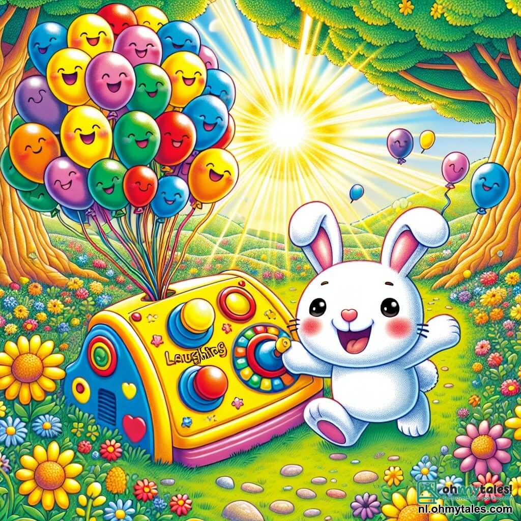 Benny, een klein konijntje met grote oren en een zachte, witte vacht, springt van blijdschap met een grote glimlach op zijn gezicht voor zijn kleurrijke lachmachine. Om hem heen dansen en zweven vrolijke ballonnen in felle kleuren zoals rood, blauw en geel, met lachende gezichten en sprankelende ogen die hun geluk uitdrukken. De setting bevindt zich in een zonnige open plek, omringd door kleurrijke bloemen en majestueuze bomen, met zonnestralen die door de bladeren filteren en een magische en vrolijke sfeer creëren. De hoofdactie toont Benny die op een grote knop van zijn machine drukt, terwijl ballonnen ontsnappen en om hem heen beginnen te dansen, de lucht vulend met lachen en stralende kleuren.