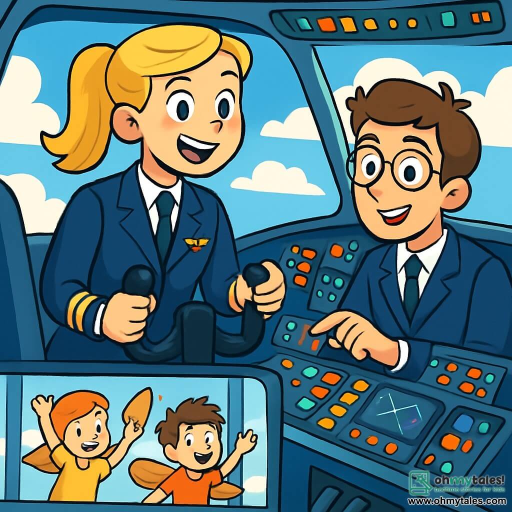 In the center of the image, Captain Lily, a smiling woman around 30 years old, wears a navy pilot uniform with golden wings on her chest. Her blonde hair is tied back in a ponytail, and her eyes shine with excitement and determination. She stands confidently in the cockpit of a large airplane, gripping the yoke, ready for takeoff. Next to her, Max, a young man about 25 with messy brown hair and round glasses, checks instruments on the dashboard. He also wears a pilot uniform and smiles, showing his enthusiasm for the upcoming flight. The cockpit is filled with colorful buttons, bright screens, and levers, creating a dynamic and captivating atmosphere. Outside, fluffy white clouds and a bright blue sky are visible. The main scene shows Captain Lily and Max preparing for the flight, with expressions of joy and focus on their faces. Children below watch through the airport window, waving cardboard wings, filling the air with their excitement and dreams of adventure.