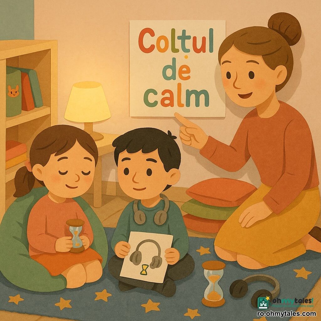 Fată de 6 ani cu față rotundă și păr brun prins cu elastic roz, zâmbet timid, așezată pe un puf mare verde, ține o clepsidră mică de sticlă și respiră calm; băiat de aproximativ 7 ani, păr scurt negru, privire concentrată, are căști gri la gât și arată printr-un desen o pereche de căști și o mini‑clepsidră, stând lângă fată pe aceeași pătură; învățătoare în jur de treizeci de ani, păr șaten prins în coc, zâmbet blând, îngenuncheată și arătând spre un afiș colorat „Colțul de calm”; clasă cu pereți pastel, rafturi clare din lemn, covor albastru cu stele, perne colorate, lampă mică cu lumină caldă și stickere cu animale; situație liniștită în colțul de calm cu clepsidră care curge încet, perne moi și căști la îndemână, gesturi grijulii; stil vizual de hârtie decupată cu texturi, culori vii dar blânde și compoziție simplă, potrivită pentru copii de 6 ani.