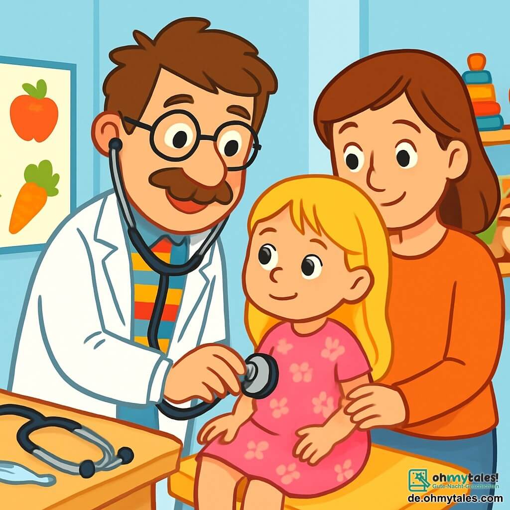 Dr. Paul ist ein Mann in den Vierzigern, mit leicht zerzausten braunen Haaren und einem großen Schnurrbart. Er trägt einen weißen Arztkittel, ein bunt gestreiftes Hemd und eine runde Brille, die ihm ein freundliches und warmes Aussehen verleihen. Er lächelt wohlwollend, während er den Bauch eines kleinen Mädchens abhört. Emma ist ein vierjähriges Mädchen mit langen blonden Haaren und neugierigen Augen. Sie trägt ein rosa Kleid mit Blumenmustern. Sie sitzt auf dem Untersuchungstisch, ein wenig nervös, aber lächelnd, und schaut Dr. Paul vertrauensvoll an. Ihre Mutter, eine Frau in den Dreißigern mit kastanienbraunen Haaren, trägt einen weichen Pullover und steht neben Emma, hält ihre Hand, um sie zu beruhigen. Die Szene spielt in einem hellen Untersuchungsraum eines Krankenhauses mit hellblauen Wänden, bunten Postern von Obst und Gemüse und verstreuten Spielzeugen auf einem Regal. Ein Stethoskop und ein Thermometer liegen auf einem Tisch in der Nähe. Dr. Paul hört aufmerksam Emmas Bauch mit seinem Stethoskop ab, während Emma tief durchatmet und versucht, sich zu entspannen. Emmas Mutter lächelt, beruhigt durch die Freundlichkeit von Dr. Paul.