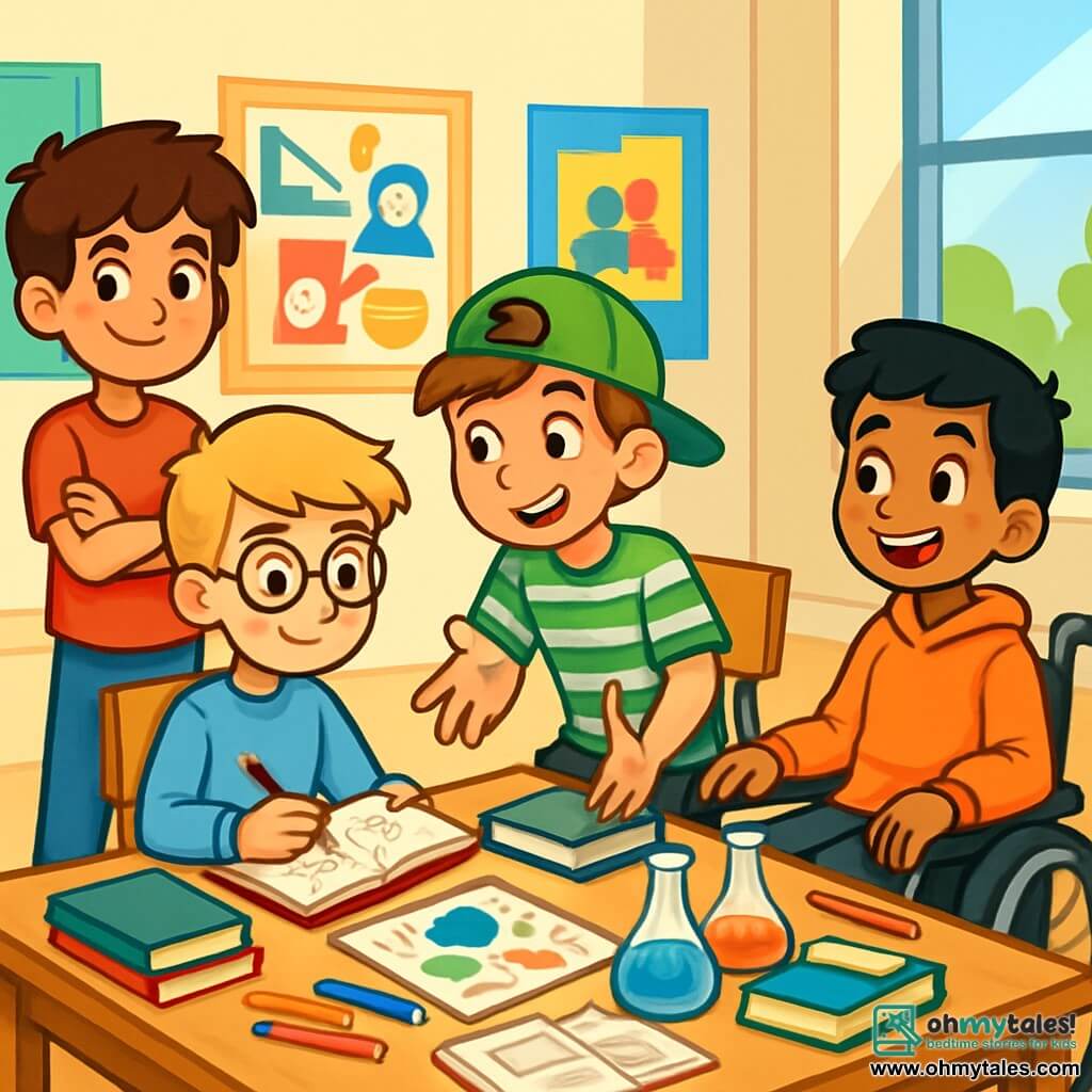 There are four children: Liam: A 12-year-old boy with messy brown hair and sparkling curious eyes. He wears a red t-shirt and jeans, standing with crossed arms and a confident smile. Noah: A 12-year-old boy with blond hair and round glasses. He is sitting on a chair with a sketchbook on his lap, drawing ideas for their project, wearing a light blue sweater. Ethan: A 12-year-old boy with brown hair and a green cap worn backward. He leans over a table surrounded by books and scientific materials, explaining an idea to his friends, wearing a striped t-shirt. Alex: A 12-year-old boy with black hair and a big smile. He is in his wheelchair, hands on the armrests, looking at his friends with enthusiasm, wearing an orange sweatshirt. The main setting is a bright classroom with colorful posters on poverty and mutual aid. Tables are filled with books, pencils, and sheets of paper. A large window at the back lets in sunlight, illuminating the space and creating a warm, inspiring atmosphere. The main situation shows the four friends brainstorming around a large table, energetically exchanging ideas for their project on poverty. Drawings, notes, and books are scattered around them as they smile and laugh, united by their desire to help their community.