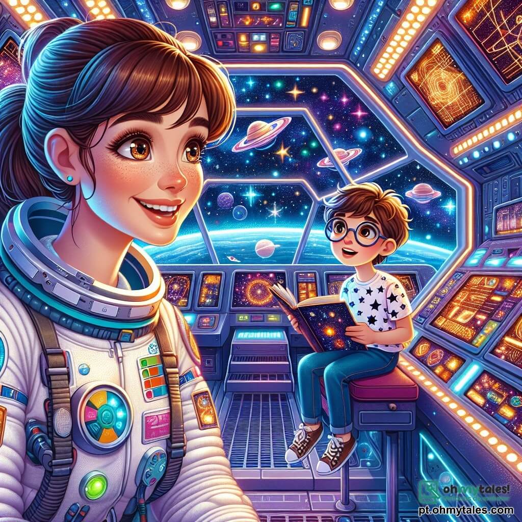 No primeiro plano, uma jovem astronauta, Ana, flutua em uma cabine de espaçonave. Ela tem cabelos castanhos presos em um rabo de cavalo, olhos curiosos e um grande sorriso. Veste um traje espacial branco com detalhes coloridos e está cercada por painéis de controle iluminados com botões piscando alegremente. Ao lado dela, um garoto de doze anos, Lucas, observa maravilhado. Ele tem cabelos desordenados, óculos redondos e uma camiseta com estampas de estrelas. Segura um livro sobre astronomia, com os olhos arregalados, como se estivesse anotando tudo mentalmente. A cena acontece dentro de uma espaçonave moderna, com janelas para um céu estrelado e planetas coloridos ao fundo. As paredes têm telas mostrando dados científicos e imagens de galáxias distantes, criando uma atmosfera futurista e mágica. Ana e Lucas discutem entusiasticamente sobre exploração espacial, com Ana explicando as maravilhas do universo, enquanto Lucas escuta atentamente, fascinado por cada palavra. As estrelas brilham através das janelas, acrescentando um toque de mistério e aventura a este encontro inspirador.