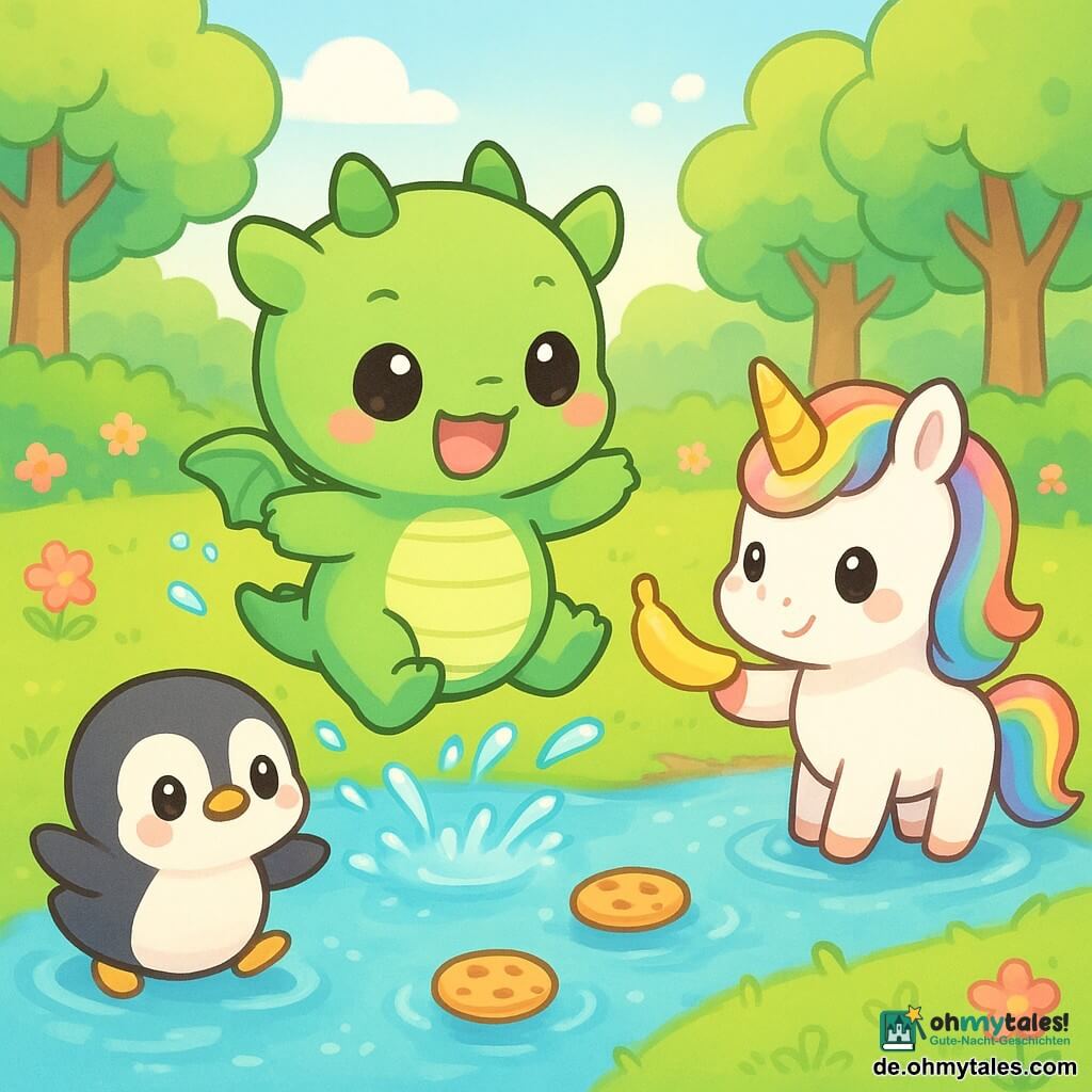 Hauptfigur: kleiner hellgrüner Chibi-Drache mit runden glänzenden Augen, fröhlichem Lächeln und leicht gestreiftem, rundem Bauch, der mit kleinen Pfoten im Wasser planscht und einen verspielten, überraschten Ausdruck zeigt; Nebenfiguren: weißes Chibi-Einhornpony mit schillernder Regenbogenmähne und lächelndem Maul, steht im Wasser und reicht dem Drachen eine glänzende Banane, schelmisch-freundlich, sowie ein rundlicher schwarz-weißer Chibi-Pinguin mit neugierigen Augen und rosa Backen, der auf dem Bauch zum Bach rutscht, wo Kekse schwimmen, begeistert gestikulierend; Ort: helle Waldlichtung mit weichem grünem Gras, bunten Blumen, runden Baumstämmen und seichtem Bach mit bläulichen Reflexen und funkelnden Blasen; Szene: Freunde holen schwimmende Kekse aus dem Bach, niedliche Spritzwasser, gemeinsame Freude, heitere warme Stimmung, einfache Komposition und lebhafte Pastellfarben.