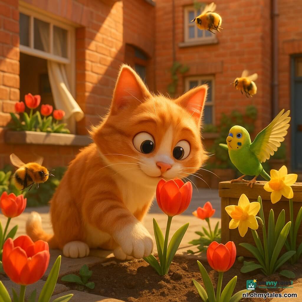 Een warm lente-ochtendtafereel in een zonnige binnenplaats tussen rode bakstenen gebouwen: een rood-witte huiskat (Europees) met grote glanzende ogen en licht pluizige vacht snuffelt verwonderd aan een rode tulp terwijl hij met zijn poot in de aarde wrijft; op de rand van een houten kist vlakbij zit een groene en gele parkiet met glanzende veren die opgewonden met haar vleugels slaat en naar de bloemen kijkt; een paar harige bijen zoemen rond tulpen en narcissen; houten bloembakken vol rode tulpen, gele narcissen en groene scheuten, lichte bestrating en een open raam met een licht gordijn; gouden ochtendlicht, levendige kleuren, vrolijke rustige sfeer, zachte scherptediepte en gedetailleerde texturen van vacht, veren en bloemblaadjes.