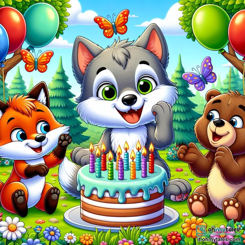 Un piccolo lupo dai peli grigi e morbidi, con grandi occhi scintillanti di gioia, si trova al centro dell'immagine, sorridendo ampiamente mentre tiene un grande torta di compleanno decorata con candele colorate. Alla sua destra, una volpe astuta con un pelo rosso brillante e una coda folta, sorride con entusiasmo, alzando una zampa per applaudire. A sinistra, un orso bruno robusto, con un volto amichevole e occhi brillanti, si piega in avanti, pronto a soffiare le candele con il lupo, mostrando un'espressione di felicità contagiosa. La scena si svolge in una radura soleggiata, circondata da alberi verdi e fiori colorati che danzano nel vento, con palloncini multicolori che fluttuano nell'aria. Il lupo, circondato dai suoi amici, sta per soffiare le candele della sua torta di compleanno, mentre farfalle colorate volano intorno a loro, aggiungendo un tocco magico a questo momento di festa e amicizia.