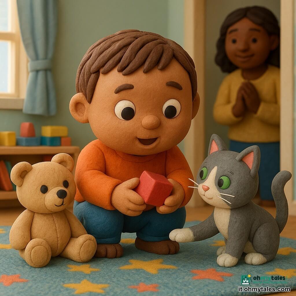 Un bambino di 2 anni, viso rotondo e paffuto, capelli corti castani, occhi grandi e curiosi, espressione stupita e concentrata, tiene delicatamente un piccolo cubo di legno rosso; è accovacciato su un tappeto colorato e guarda il cubo come se fosse un indizio. Un orsacchiotto beige morbido (Orso Uffa) è seduto vicino a lui con la cucitura visibile e sguardo amichevole; una gattina grigia e bianca (Lilla) dagli occhi verdi spinge il cubo con la zampa, coda sollevata e atteggiamento giocoso. La mamma, circa 30 anni, capelli sciolti e sorriso, sta un po' indietro nell'anta della porta, mani giunte e sguardo fiero e tenero. Scena in una cameretta luminosa di mattina, tappeto soffice a stelle, mensole basse con libri colorati e blocchi di legno, finestra con tenda leggera che lascia entrare una luce dolce. Situazione principale: gioiosa piccola indagine — il bambino esamina il suo “indizio” mentre orsacchiotto e gattina lo assistono in silenzio, atmosfera calda, texture di plastilina visibili, colori vivaci e forme semplici.