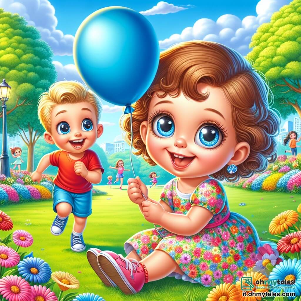 Una bambina di un anno, con grandi occhi brillanti e capelli ricci castani, sorride meravigliata tenendo un palloncino blu nelle sue piccole mani. Indossa un vestito colorato a fiori ed è seduta sull'erba verde del parco, circondata da fiori multicolori. Accanto a lei, un ragazzo di 5 anni, con capelli biondi e occhi scintillanti, ride correndo intorno a lei. Indossa una maglietta rossa e pantaloni corti blu, e sembra felice e amichevole. Il parco è illuminato, con un cielo azzurro chiaro punteggiato di nuvole bianche e soffici. Alberi maestosi costeggiano il sentiero, e bambini giocano sullo sfondo, creando un'atmosfera gioiosa e vivace. La scena principale mostra Sofia e Marco, i due amici, che giocano insieme, ridendo e correndo nel parco, mentre il palloncino blu sale dolcemente nel cielo, simboleggiando la loro nuova amicizia.