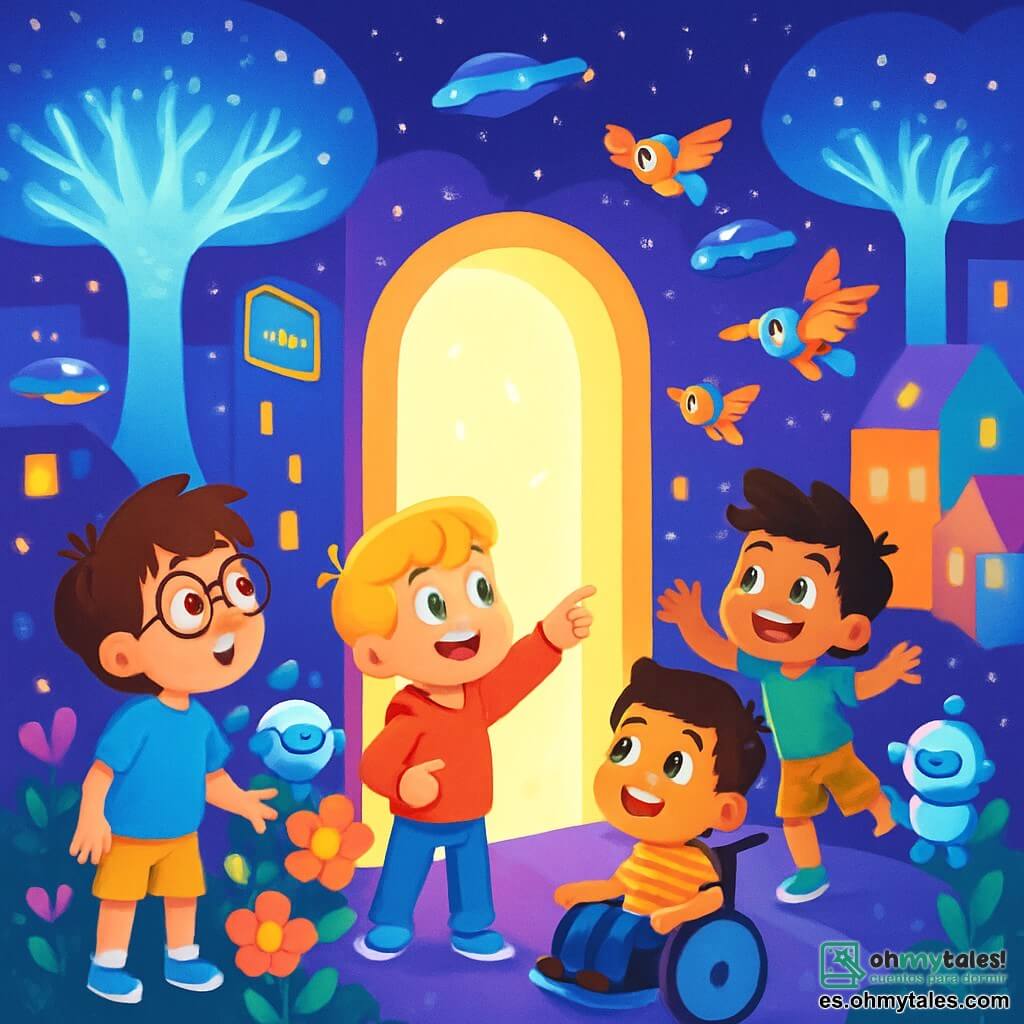 Hay 4 niños: - Leo: un niño de 10 años, con pelo castaño desordenado y gafas redondas. Lleva una camiseta azul y un pantalón corto amarillo. Está a la izquierda, mirando con asombro la puerta de luz. - Mateo: un niño de 9 años, con pelo rubio y ojos verdes brillantes. Lleva una sudadera roja y jeans. Está en el centro, señalando los árboles brillantes. - Simón: un niño de 8 años, con pelo negro y una sonrisa radiante. Está en una silla de ruedas flotante, vestido con una camisa a rayas. Está a la derecha, admirando los pájaros robots que vuelan a su alrededor. - Nico: un niño de 7 años, con pelo castaño y gafas de sol. Lleva una camiseta verde y pantalones cortos con estampados. Está un poco atrás, saltando de emoción al ver las casas coloridas. El lugar es Luminópolis, una ciudad futurista donde árboles luminosos iluminan el cielo nocturno con tonos de violeta y azul. Las casas de paredes cambiantes brillan como estrellas, y coches voladores se deslizan silenciosamente sobre las calles. La situación principal muestra a los niños maravillados frente a una puerta de luz brillante que acaba de aparecer, rodeada de flores luminosas y robots amigables que los reciben con sonrisas.