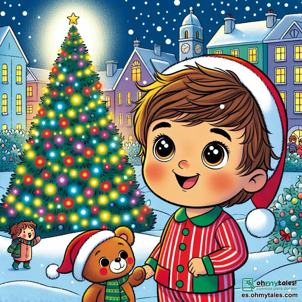 Un niño pequeño de 1 año, con grandes ojos brillantes y cabello castaño desordenado, está de pie frente a un majestuoso árbol de Navidad. Lleva un pijama rojo a rayas y un gorro navideño, mostrando una expresión maravillada y alegre. A su lado se encuentra un osito de peluche mágico, llamado Tito, que lleva un pequeño gorro rojo y una bufanda verde. Tito sonríe y parece listo para compartir la magia de la Navidad con Tomás. La escena transcurre en una ciudad iluminada por guirnaldas brillantes, con copos de nieve cayendo suavemente del cielo. Las casas están decoradas con luces de colores, y los niños juegan alegremente alrededor del árbol. Tomás y Tito miran juntos el árbol de Navidad, lleno de luces centelleantes y decoraciones brillantes, mientras el espíritu navideño los rodea, creando una atmósfera cálida y festiva.