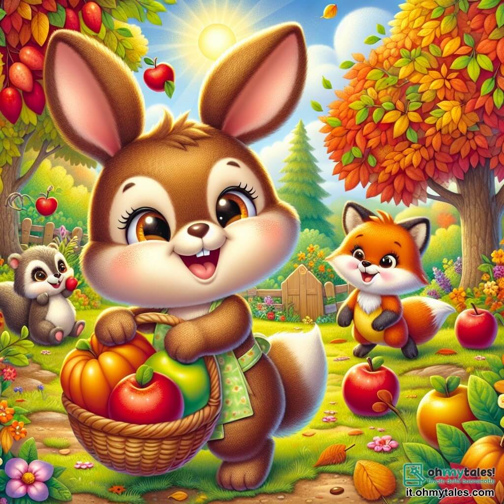 Un piccolo coniglio di nome Leo, con un pelo morbido e marrone, grandi orecchie e occhi scintillanti di gioia, sta saltando nel suo giardino colorato, circondato da foglie d'autunno dai vivaci toni di rosso, arancione e giallo. Indossa un piccolo grembiule e tiene un cestino pieno di mele brillanti, mostrando un grande sorriso di eccitazione. Accanto a lui, la sua migliore amica, la volpe Clara, con un pelo rosso brillante e occhi maliziosi, sta raccogliendo pere da un albero, ridendo di felicità. Poco più in là, il riccio Pino, con i suoi aculei marroni e le piccole zampe, osserva gli amici con aria divertita, tenendo una piccola zucca tra le braccia. Il luogo è un giardino incantevole, illuminato dalla luce dorata del sole autunnale, con alberi maestosi dalle foglie colorate, fiori dai toni caldi e un cielo blu chiaro punteggiato di nuvole bianche e soffici. La scena principale mostra Leo e i suoi amici intenti a raccogliere le delizie d'autunno, ridendo e divertendosi insieme, pronti a preparare un grande banchetto per celebrare la stagione.