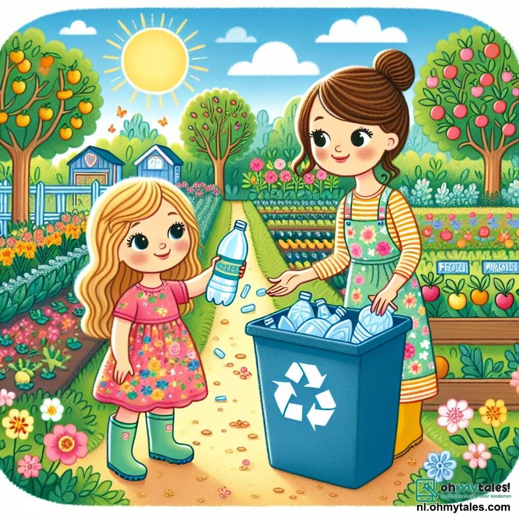 Een 4-jarig meisje, Lotte, met lang blond haar en sprankelende nieuwsgierige ogen, glimlacht vrolijk terwijl ze een plastic fles vasthoudt die ze net uit de tuin heeft gehaald. Ze draagt een kleurrijke jurk met bloemenpatronen en rubberen laarzen. Naast haar staat haar moeder, een vrouw van in de dertig met kastanjebruin haar in een knot, die trots glimlacht terwijl ze Lotte laat zien waar ze de fles in de recyclingbak moet doen. De tuin is groen en zonnig, vol kleurrijke bloemen, fruitbomen en groenten die in goed onderhouden rijen groeien. Er staat een grote blauwe recyclingbak naast hen, vol plastic afval. De belangrijkste situatie toont Lotte en haar moeder die de tuin aan het schoonmaken zijn, waarbij Lotte leert recyclen en voor de natuur zorgt, met een vastberaden en blije uitdrukking op hun gezicht.
