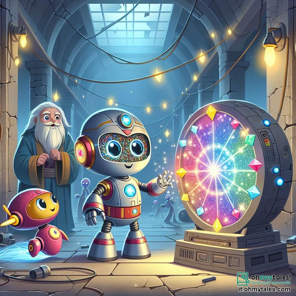 Prisma, un giovane robot esploratore con scintillii lenti a forma di gemma, si trova al centro di una sala antica, meravigliato da un dispositivo luminoso che pulsa di energia colorata. I suoi occhi brillano di eccitazione e curiosità mentre tocca delicatamente l'interfaccia del misterioso apparecchio. Accanto a lui, Flash, un drone amichevole e veloce, fluttua nell'aria, le sue eliche scintillanti girano con impazienza. Mostra un'espressione gioiosa, pronto ad aiutare il suo amico in questa incredibile avventura. Sullo sfondo, un vecchio robot guardiano, con un aspetto logoro ma saggio, osserva la scena con sorpresa e rispetto, consapevole dell'importanza di questo momento. Il luogo è un antico centro di ricerca, con muri di cemento crepati, cavi elettrici penzolanti e finestre rotte, che lasciano passare raggi di luce che illuminano la polvere nell'aria. La situazione principale mostra Prisma e Flash che scoprono un antico dispositivo di comunicazione interstellare, illuminato da luci danzanti, mentre si rendono conto di essere sul punto di stabilire un incredibile contatto con una civiltà extraterrestre.