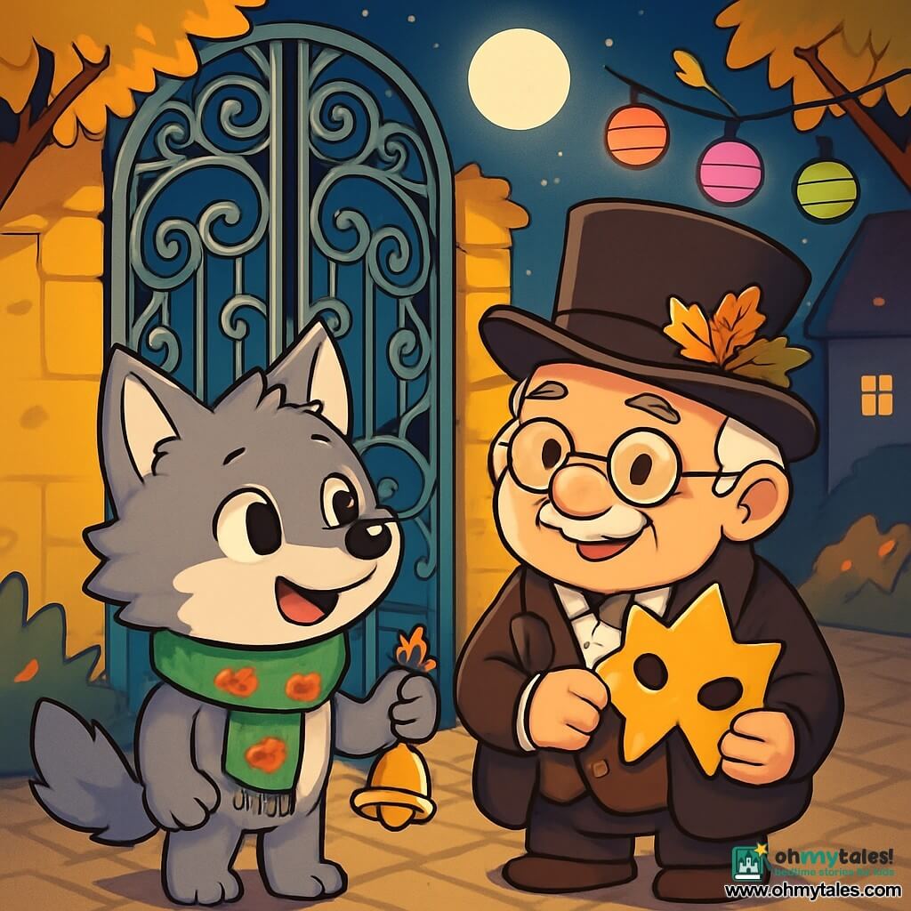 A small, soft gray wolf named Milo stands in front of a large iron door adorned with delicate patterns, his face expressing curiosity and excitement. He wears a green scarf with small pumpkin designs and holds a small golden bell in his paw. Next to him, an older man, Mr. Poppy, the mask seller, is short and stocky, with sparkling eyes and a warm smile. He wears a top hat decorated with autumn leaves and holds a star-shaped mask, looking kindly at Milo. The setting is a cobblestone square bathed in moonlight, with colorful lanterns gently floating in the cool Halloween air. Trees with golden leaves surround the square, and shadows dance on the walls of old houses. The main scene shows Milo and Mr. Poppy preparing to welcome mysterious creatures emerging from the darkness, their faces illuminated by lantern light, ready to share laughter and riddles in a magical and warm atmosphere.