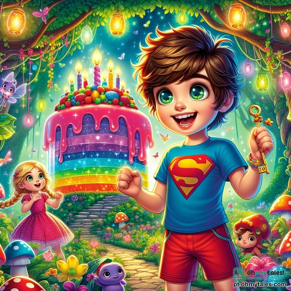 Um menino de 10 anos, Lucas, com cabelos castanhos bagunçados e olhos brilhando de alegria, está em frente a uma grande gelatina colorida, com um sorriso radiante no rosto. Ele usa uma camiseta azul com estampas de super-heróis e um short vermelho, segurando uma chave dourada na mão, pronto para desvendar o mistério do bolo de aniversário. Ao lado dele, sua irmãzinha, Emma, de 6 anos, com cabelos loiros trançados e um vestido rosa de bolinhas, observa com os olhos arregalados, cheia de empolgação e admiração pelo irmão. Ela segura um pequeno bichinho de pelúcia em forma de dragão nos braços. Ao fundo, a clareira mágica do jardim é iluminada por vagalumes cintilantes, cercada por árvores majestosas com folhas verdes brilhantes. Cogumelos coloridos crescem aqui e ali, e uma guirlanda de flores luminosas pendura-se dos galhos. A cena principal mostra Lucas, determinado e alegre, pronto para resolver o desafio do cadeado gigante na porta da gelatina, enquanto fadas e criaturas mágicas observam com curiosidade, acrescentando um toque de magia a esta cena de aniversário cheia de aventuras.