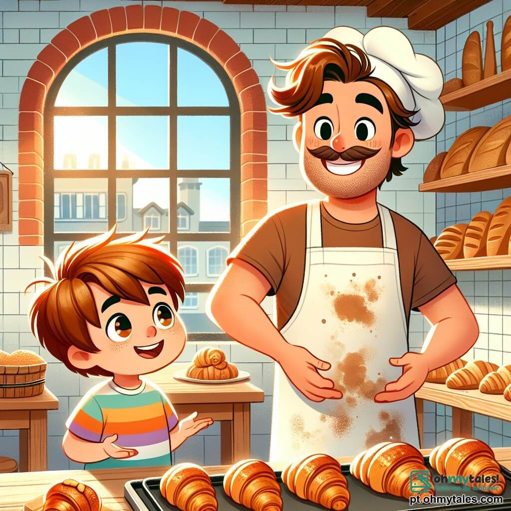 Um homem sorridente, chamado João, é o personagem principal. Ele tem cabelos castanhos ligeiramente bagunçados, um rosto redondo e acolhedor, e usa um grande avental branco manchado de farinha. Ele está tirando do forno croissants dourados, uma expressão de orgulho e alegria iluminando seu rosto. Ao seu lado está Miguel, um garoto de oito anos, com cabelos castanhos e olhos brilhantes de curiosidade. Ele usa uma camiseta colorida e um pequeno avental. Miguel observa com admiração os croissants, com as mãos na cintura, pronto para aprender. A cena acontece em uma charmosa padaria, com paredes de tijolos vermelhos e grandes janelas que deixam entrar a luz da manhã. Prateleiras de madeira estão cheias de pães e doces, e o ar está impregnado com um delicioso aroma de pão fresco e manteiga. A situação principal mostra João e Miguel compartilhando um momento de cumplicidade, enquanto João explica com entusiasmo a magia da padaria, enquanto croissants quentes e dourados saem do forno, simbolizando a paixão e o amor pela profissão.