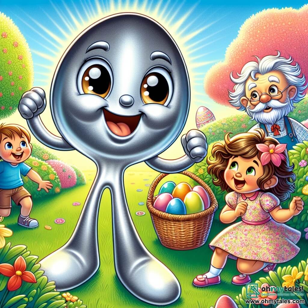 In the center of the image, Sparky, a shiny little metal spoon, stands joyfully in a colorful garden, his eyes sparkling with happiness. His bowl glimmers in the sunlight, and he smiles widely, ready to guide the children in the Easter egg hunt. To his right, Lily, a little girl with curly hair and rosy cheeks, wears a flower dress and holds a wicker basket filled with colorful eggs. She laughs enthusiastically, her eyes shining with excitement as she looks at Sparky. On the left, Mr. Whiskers, an old glass bowl with a wise expression, observes the scene with a benevolent smile. His edges are slightly chipped, but he radiates warmth and wisdom, standing near Sparky like a mentor. The garden is a burst of colors, with vibrant flowers, blooming trees, and Easter eggs hidden behind bushes. The sky is blue and sunny, creating a joyful and festive atmosphere. The main scene shows Sparky and the children engaged in the egg hunt, laughing and running around the garden, with shiny eggs hidden everywhere, while butterflies dance around them, adding to the magic of this Easter day.