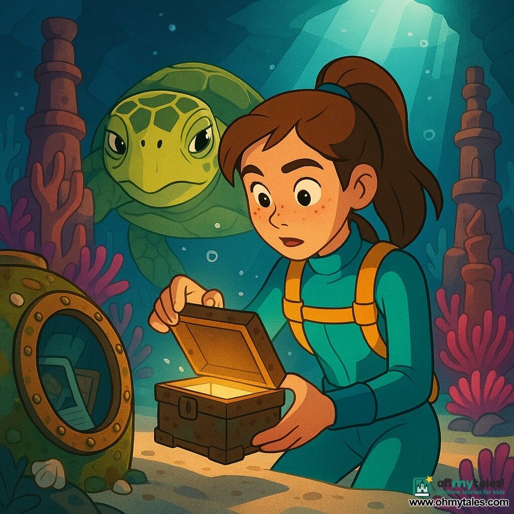 About a 16–18-year-old female explorer with chestnut ponytail and freckled face, wide, determined eyes, wearing a turquoise wetsuit with yellow straps, delicately opening a small rusty metal box at the center; a large olive-green sea turtle with yellow markings and a calm, wise expression swims just behind her as if guiding her, lit by a halo; the scene is a vast underwater chamber with sculpted coral columns, waving anemones, white sand and shafts of sunlight through ceiling cracks; in the foreground an oxidized research capsule hatch overgrown with algae and shells shows notebooks and a photograph through a cracked window; vivid contrasting colors, light reflections, rising bubbles and detailed textures focus composition on the open box and the exchanged gaze between the woman and the turtle.