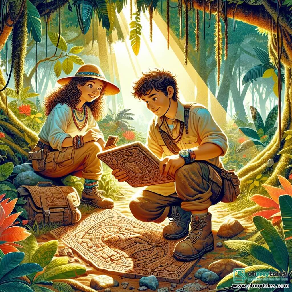 An archaeologist, Dr. Elena Castaneda, in her thirties with curly brown hair and curious sparkling eyes, is crouched in a lush jungle, a look of wonder on her face as she uncovers an ancient terracotta artifact. She wears a straw hat, a long-sleeved shirt, and cargo pants, all covered in dust and dirt. Nearby, a young man around 20, Marco, with short hair and a budding beard, intently examines a pottery fragment, a focused expression on his face. He is dressed in a t-shirt and shorts, with a backpack filled with archaeological tools at his feet. The scene takes place in a clearing surrounded by tall trees with vibrant green leaves, hanging vines, and colorful flowers. Sunbeams pierce through the foliage, illuminating the ground covered in dead leaves and roots. The main focus shows Elena, amazed, carefully uncovering an ancient tablet engraved with mysterious glyphs, while Marco enthusiastically takes notes, both immersed in the magic of archaeological discovery.