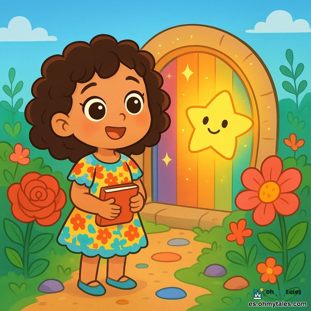 Una niña de 4 años, Aina, con grandes ojos brillantes y cabello rizado, se encuentra frente a una puerta redonda y brillante, su rostro radiante de asombro y curiosidad. Lleva un vestido de flores coloridas y sostiene un pequeño cuaderno en sus manos. A su lado, una luz suave y cálida, Luma, que parece una pequeña estrella brillante flotando en el aire, la anima con una sonrisa amistosa. El lugar es un jardín encantado, lleno de rosas gigantes de colores vivos, flores que bailan al viento y un cielo azul brillante. Aina se prepara para entrar en el misterioso pasillo de colores que se extiende detrás de la puerta, un pasaje vibrante y mágico que parece invitarla a descubrir aventuras en el tiempo.