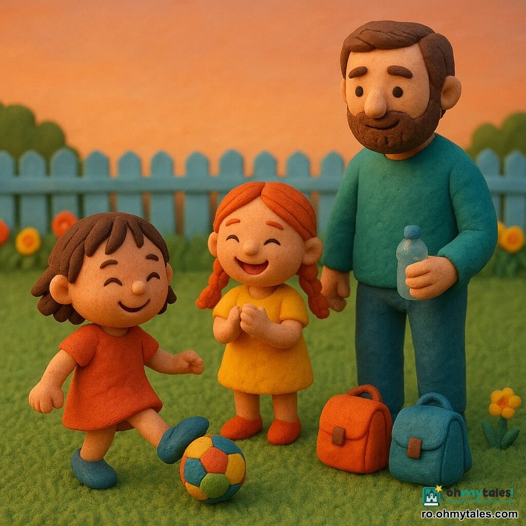 Ana (≈6 ani) cu față rotundă de plastilină, păr scurt șaten, zâmbitoare, dă o minge colorată de cauciuc; Mara (≈6 ani) cu cosițe roșcate râzând, întinde mâinile pentru pase; tatăl (≈35 ani) cu barbă moale de plastilină, ține o sticlă mică de apă din plastic și privește binevoitor; grădina are iarbă verde, gard din lemn vopsit bleu, un rondou de flori roșii și galbene și două ghiozdane puse ca poartă improvizată; la apus, un meci cald de fotbal — mingea face „poc-poc”, Ana înscrie între ghiozdane, fetele aplaudă și o floricică rămâne neatinsă — scenă veselă, blândă și sigură.