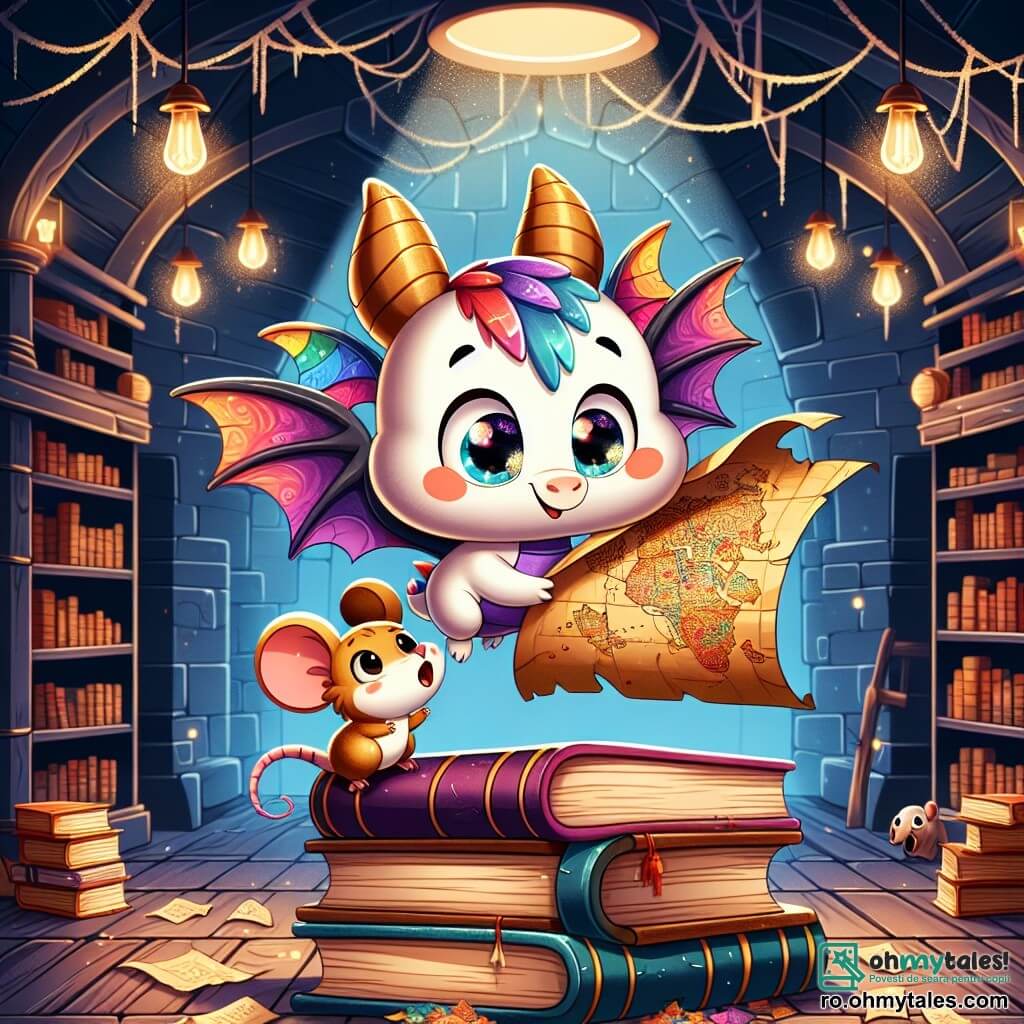 Un mic dragon de hârtie numit Papi, cu aripi multicolore și ochi strălucitori de curiozitate, zboară peste o bibliotecă veche. Pare uimit și fericit, plutind deasupra rafturilor din lemn întunecat, înconjurat de cărți cu coperți aurii și uzate. Lângă el, un mic șoricel numit Mușchișor, cu blană maronie deschisă și urechi mari și atente, se uită la harta comorii pe care tocmai au descoperit-o. Are o expresie de entuziasm și determinare, ținând harta cu lăbuțele sale mici, stând pe un morman de cărți. Scena se desfășoară într-o bibliotecă misterioasă, plină de rafturi din lemn, cărți stivuite și lumini difuze care creează o atmosferă magică. Papi și Mușchișor descoperă o hartă a comorii misterioase, pregătiți să plece la aventură pentru a găsi un cufăr ascuns, înconjurați de cărți care par să șoptească secrete vechi.