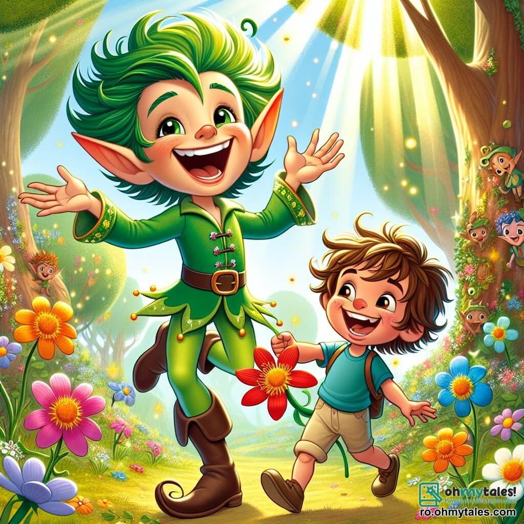Un elf vesel, numit Zâna Verde, cu urechi mari și ascuțite și păr verde strălucitor, dansează în mijlocul unei poieni însorite, înconjurat de flori colorate care par să zâmbească. Fața lui este luminată de un zâmbet larg, iar el poartă o tunică verde împodobită cu petale de flori. Lângă el, Radu, un băiat de 8 ani cu păr castaniu ciufulit și ochi strălucitori de curiozitate, ține în mâini o floare magică roșie, râzând de bucurie. El poartă un tricou albastru și o pereche de pantaloni scurți bej, stând puțin în spate, admirând elf. Scena se desfășoară într-o pădure fermecată, unde copaci mari și majestuoși se ridică spre cer, frunzele lor strălucind la soare. Razele de lumină filtrează prin crengi, iluminând solul acoperit cu flori multicolore și mici creaturi amuzante care observă scena cu ochii mari. În această ilustrație, Zâna Verde și Radu sărbătoresc prietenia lor și magia florilor, într-o atmosferă veselă și plină de viață, în timp ce o briză ușoară face să danseze frunzele din jurul lor.
