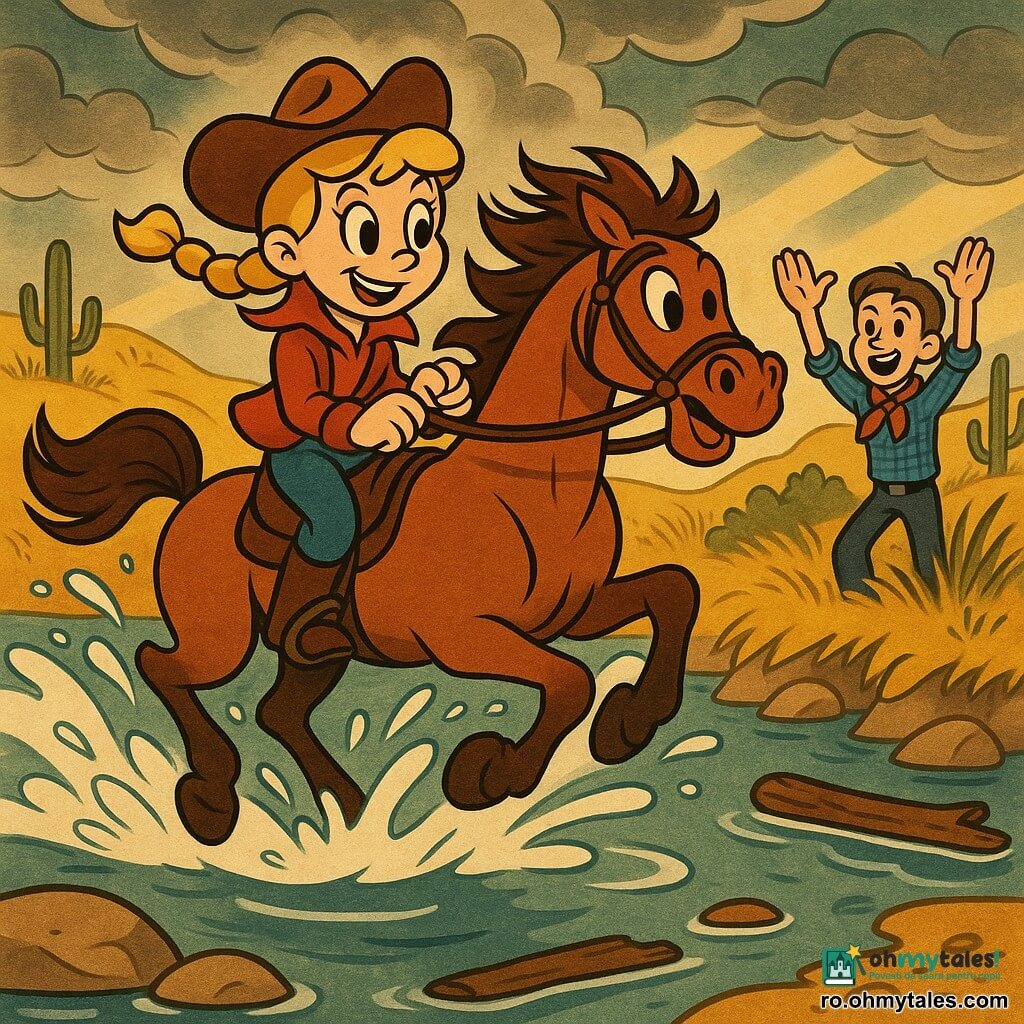 O tânără cowgirl determinată și zâmbitoare, părul blond în împletituri, pălărie brună, jachetă roșie, ține rênile și conduce calul la galop prin apă; calul alezan numit Fulger, mare și musculos, stropește în jurul copitelor, urmat cu energie; un băiat adolescent de ~16 ani, Tom, în cămașă în carouri albastre și batic roșu, stă pe malul drept cu brațele ridicate încurajând; scena la vadul unui râu larg cu apă clară și stropi albi, maluri cu iarbă aurie și cactuși, cer dramatic cu nori gri și pete galbene, stil vizual cartoon rubber hose, culori saturate și mișcare accentuată.