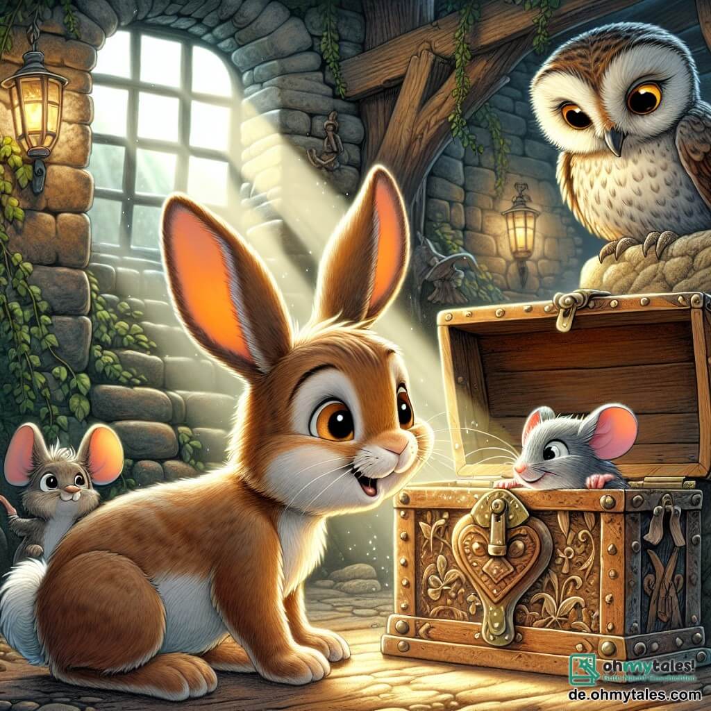Max, ein junger Hase mit großen Ohren und weichem, braunem Fell, schaut fasziniert auf eine geheimnisvolle alte Truhe, seine Augen leuchtend vor Neugier und Aufregung. Neben ihm beugt sich Felix, eine kleine, schlaue Maus mit grauem Fell und funkelnden Augen, neugierig vor, mit einem schelmischen Lächeln im Gesicht. Ella, eine weise Eule mit weißen Federn und großen goldenen Augen, schwebt über der Szene, beobachtet aufmerksam mit einem ernsthaften, aber wohlwollenden Ausdruck. Buddy, ein robuster Hund mit braunem Fell und hängenden Ohren, steht neben Max, bereit, ihn zu beschützen, und zeigt einen entschlossenen Gesichtsausdruck. Ihre Abenteuer spielen sich in einer alten, geheimnisvollen Mühle ab, mit steinernen Wänden, die mit Efeu bewachsen sind, Spinnweben in den Ecken und Lichtstrahlen, die durch die zerbrochenen Fenster fallen und eine magische, faszinierende Atmosphäre schaffen. In der Mitte des Raumes scheint die alte Truhe aus abgenutztem Holz mit zarten Mustern vergessene Geheimnisse zu bergen und lädt die Freunde ein, zu entdecken, was sie enthält.