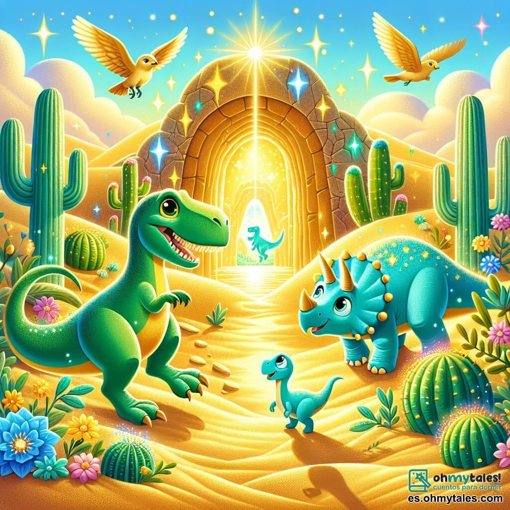 Un Tyrannosaurus Rex llamado Tino, con piel verde brillante y ojos llenos de curiosidad, se encuentra en el centro de la imagen, sonriendo con entusiasmo mientras explora el desierto dorado. A su lado, un diplodocus llamado Dino, con un largo cuello y piel azul clara, mira a Tino con amistad, listo para acompañarlo en su aventura. Al fondo, una cueva misteriosa, iluminada por piedras mágicas, se eleva entre dunas de arena dorada, salpicadas de cactus verdes y flores coloridas. La escena muestra a Tino y Dino dirigiéndose hacia la cueva, ansiosos por conocer al legendario triceratops que puede traer la lluvia, mientras aves alegres vuelan a su alrededor, añadiendo vida y magia al entorno.