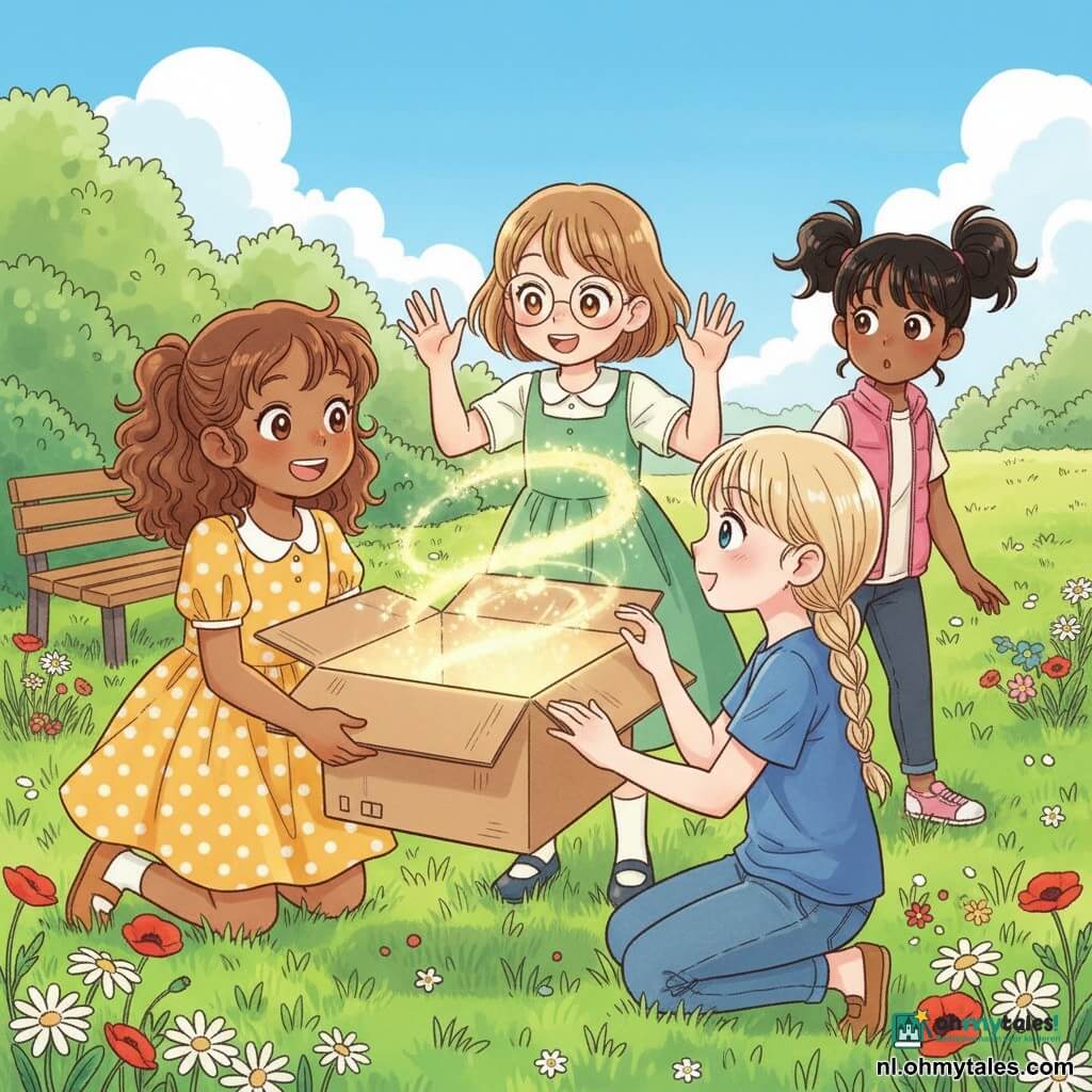 Vier kinderen in een zomerse tuin: Noor (ongeveer 8) met bruin krullend haar in een staart en een gele jurk met witte stippen houdt vooraan links een open kartonnen doos vast en lacht naar het licht; Sofie (7) met blond steil haar in een zijvlecht, blauw T‑shirt en spijkerbroek hurkt rechts naast de doos met haar hand op de rand alsof ze luistert; Emma (8) met kort kastanjebruin haar en ronde bril in een groene jurk staat achter de doos in het midden en heft de handen naar een klein gouden lichtwerveltje dat uit de doos ontsnapt; Mila (7) met zwart haar in staartjes en een roze vest staat rechts op de achtergrond, houdt Emma’s hand vast en kijkt verbaasd naar de prairie; de doos fungeert als tijdmachine waaruit zachte gouden gloed en fonkelende vonkjes komen, omgeving: glanzend groen gras, kleurrijke wilde bloemen, een houten bankje en een groene haag tegen een lichtblauwe lucht met een paar pluizige wolken, vrolijke magische sfeer in een kinderlijke manga‑stijl met felle kleuren en zachte lijnen.
