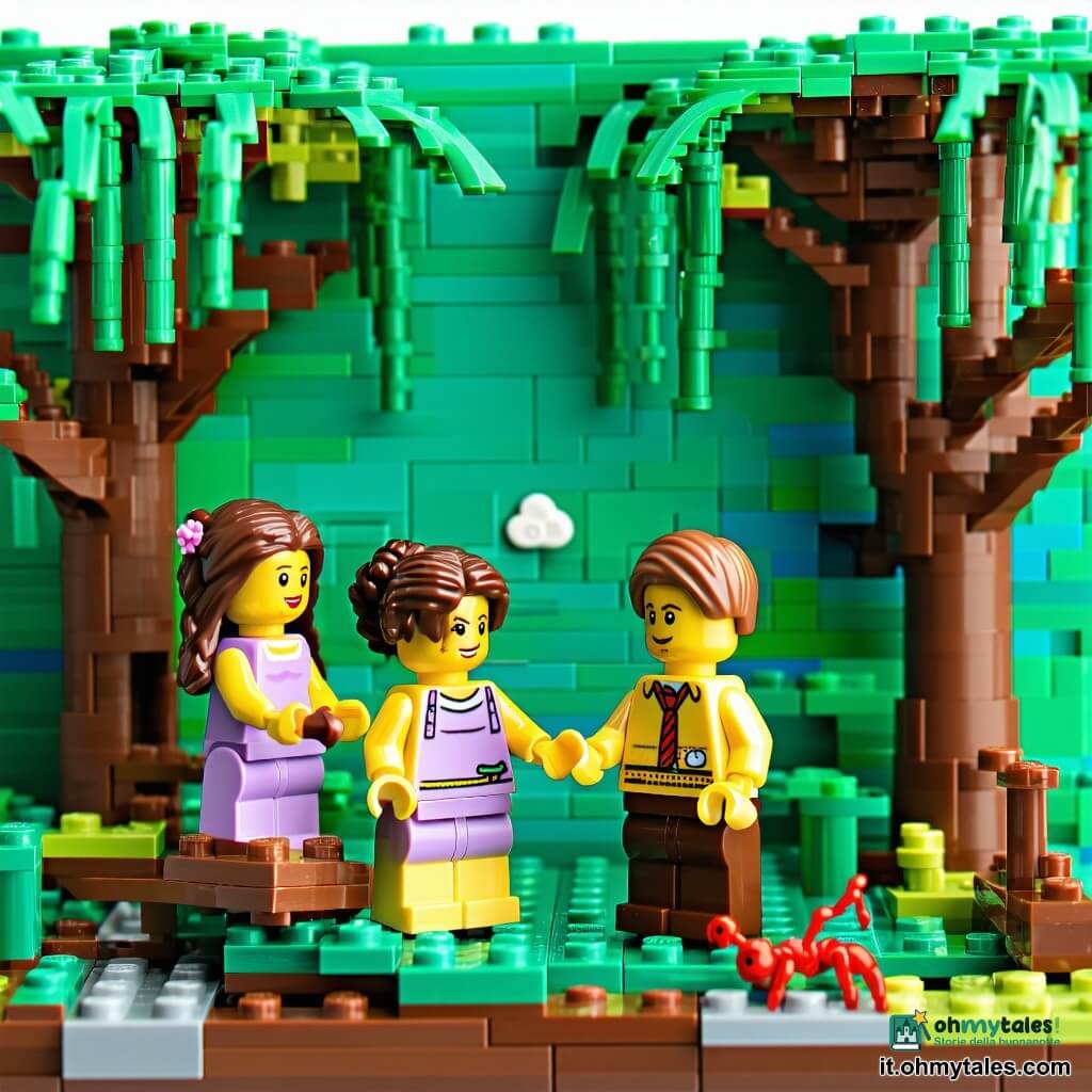 Quattro bambine di 5 anni sedute sui grandi e rotondi rizomi di un salice piangente in mattoncini verde scuro e marrone, da sinistra: Lila capelli castani in due trecce con vestitino viola che tiene la mano di Marta e guarda il cielo; Marta capelli neri ricci con vestito giallo che tiene una lente rossa giocattolo mentre osserva un’formica di mattoncini; Sofia capelli biondi in coda con vestito blu, mani sulle ginocchia, che ascolta il vento; Emma capelli rossi corti con vestito verde che tiene una piccola mela di mattoncini accanto a un riccio LEGO con un’altra mela. Scena al crepuscolo in un parco con uno stagno a destra che riflette il cielo rosato, un melo sullo sfondo sinistro carico di mele rosso‑arancioni, prato a lastre verdi con qualche fiore giallo e blu, vento visibile in sottili traiettorie curve che sollevano capelli e foglie, luce morbida e rosata, luna all’orizzonte, stile LEGO dettagliato, angolazione leggermente dall’alto con messa a fuoco nitida sui personaggi e sfondo leggermente sfocato.