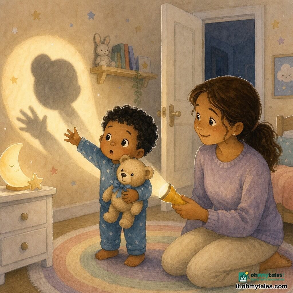 Un bambino di 2 anni, occhi rotondi e capelli neri ricci, viso sorpreso ma rassicurato, stringe un orsacchiotto beige con fiocco blu e tende la mano verso un'ombra sul muro; la madre (circa 30 anni), capelli castani raccolti in coda, è inginocchiata a destra del bambino, sorride e tiene una piccola torcia gialla che proietta una luce calda creando un'ombra rotonda e un'ombra di mano; stanza bambini con tappeto rotondo pastello, comò bianco con luce notturna a luna, porta socchiusa su un corridoio scuro, pareti crema con mensola e stelle, contrasto morbido tra la luce calda e l'oscurità.