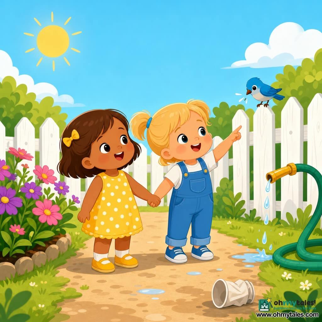 Two toddlers, Mia (2) with short brown hair in a yellow polka-dot dress on the left and Nora (2) with blonde pigtails in blue overalls on the right, hold hands on a sunny garden path bordered by green lawn, a low hedge and a white picket fence; they smile and look at a small bird on the fence while picking up a crumpled paper cup near their feet, a green hose drips nearby and the scene is soft, colorful and rounded.