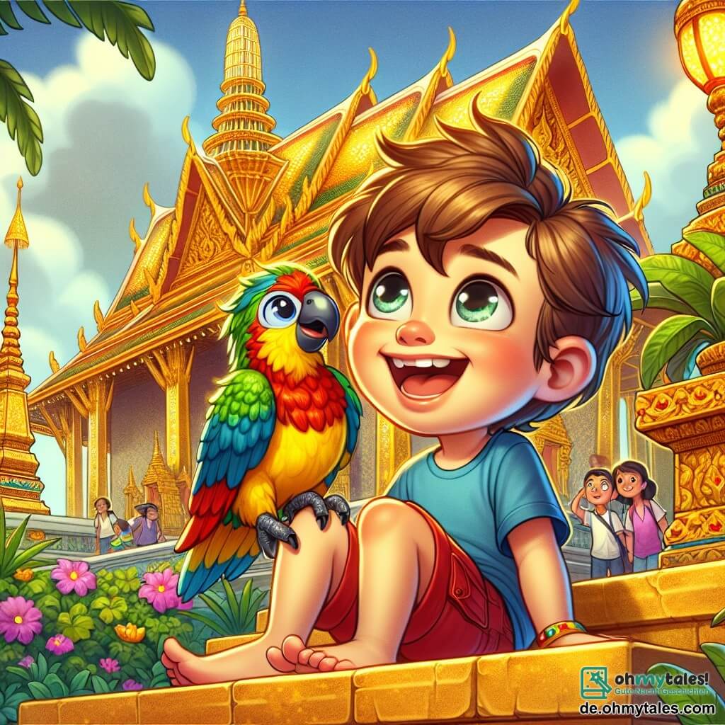 Ein 6-jähriger Junge namens Max mit zerzausten braunen Haaren und großen, neugierigen Augen sitzt auf einer goldenen Steinstufe vor einem majestätischen thailändischen Tempel. Er trägt ein blaues T-Shirt und eine rote Shorts und hat ein breites Lächeln im Gesicht, beeindruckt von der Schönheit des Ortes. Neben ihm sitzt sein bester Freund, ein bunter Papagei namens Piko mit grünen und gelben Federn, der fröhlich auf seiner Schulter sitzt und zwitschert. Der Tempel ist mit schimmernden goldenen Dächern geschmückt und von üppigen Gärten mit leuchtenden Blumen und bunten Laternen umgeben. Im Hintergrund bewundern Touristen die Architektur, was der Szene Leben verleiht. Max und Piko sind von der Legende eines goldenen Drachen fasziniert und bereit, ein magisches Abenteuer an diesem bezaubernden Ort zu erleben.
