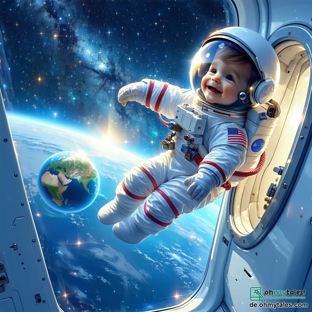 Ein männlicher Astronaut namens Max schwebt schwerelos in seiner Raumkapsel. Er trägt eine elegante, glänzende weiße Uniform und einen großen, transparenten Helm, der die Sterne reflektiert. Sein Gesicht strahlt immense Freude und sprudelnde Neugier aus, während er durch das Fenster schaut. Draußen erscheint die Erde als wunderschöne blaue und grüne Kugel, beleuchtet von der Sonne. Neben ihm, in einer Ecke der Kapsel, sitzt Leo, ein 10-jähriger Junge, der über einen kleinen Bildschirm mit Max kommuniziert. Leo hat zerzauste braune Haare und trägt ein oranges T-Shirt. Er schaut fasziniert auf das Bild des Weltraums, das Max ihm zeigt, seine Augen leuchten vor Begeisterung. Die Raumkapsel ist von einem weiten, sternenübersäten Himmel umgeben, mit funkelnden Sternen und bunten Planeten im Hintergrund. Man sieht das tiefschwarze All, durchzogen von kleinen, leuchtenden Punkten. Die Hauptsituation zeigt Max, der sein Weltraumabenteuer mit Leo teilt, während sie gemeinsam die Wunder des Universums entdecken und einen magischen Moment der Freundschaft und Entdeckung schaffen.
