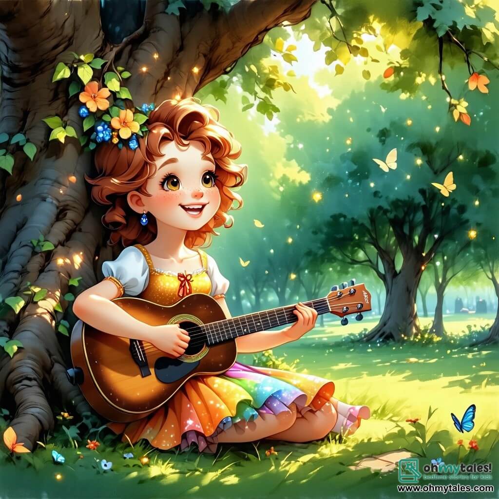 Celeste, a woman with curly red hair, radiates joy as she plays guitar under a large oak tree in a sunny park. Her bright smile and sparkling eyes reflect her happiness in sharing music with children. She wears a colorful dress that dances in the wind, adding a touch of magic to the scene. Next to her, Leo, an 8-year-old boy with messy blonde hair and excited eyes, holds a small guitar. He looks at Celeste with admiration, ready to sing their new song. His face is lit up by a wide smile, and he wears a striped t-shirt and denim shorts. The setting is Harmony Park, a vibrant space filled with children's laughter, colorful flowers, and families on picnic blankets. Majestic trees provide shade, and birds sing joyfully, creating a warm and welcoming atmosphere. The main scene shows Celeste and Leo singing together, surrounded by a group of children who listen in awe. The children are captivated by the music, some dancing and others singing along, creating a joyful and lively scene.